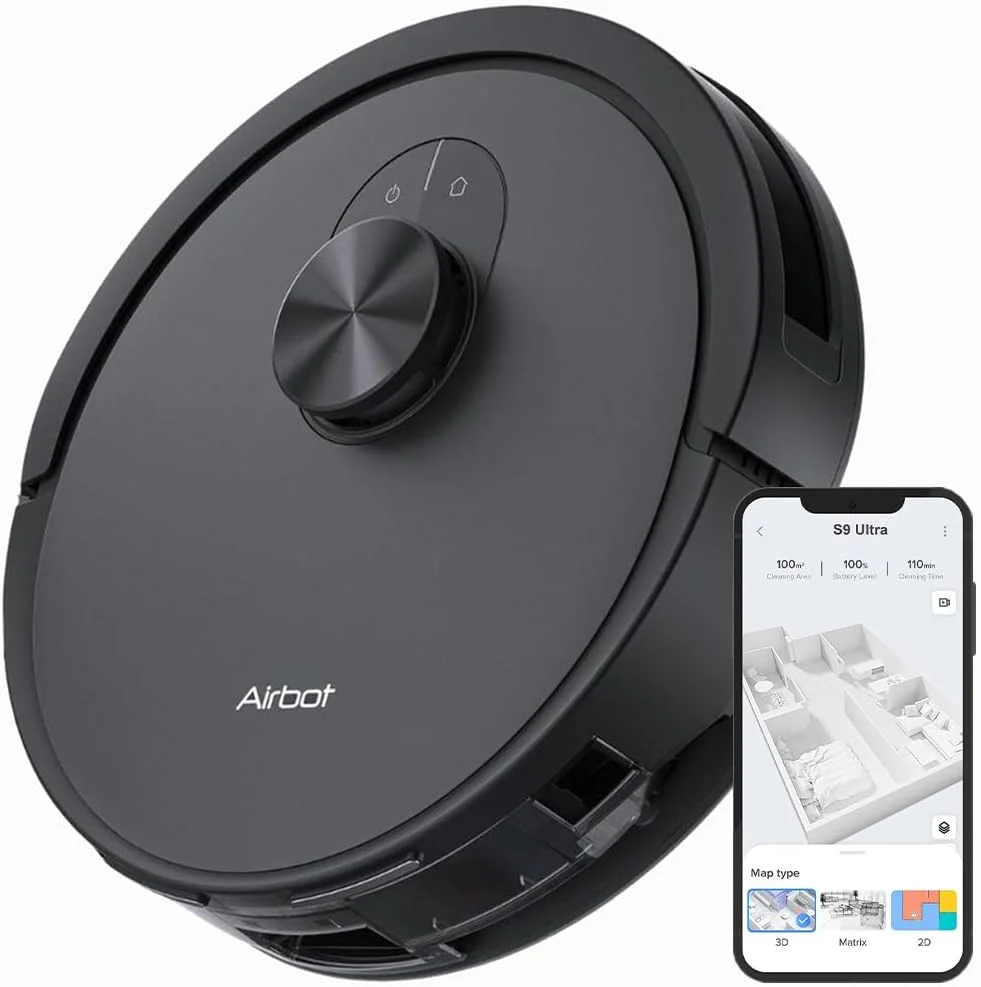 جاروبرقی رباتیک Airbot، جاروبرقی و طی کشی 2 در 1، قدرت مکش 12000Pa، مسیریابی هوشمند LiDar، شارژ خودکار، کنترل از طریق برنامه، قابلیت بالا رفتن از موانع تا 18 میلی متر، ایده آل برای موی حیوانات خانگی، کف سخت و فرش های کم ارتفاع (S9 Ultra)