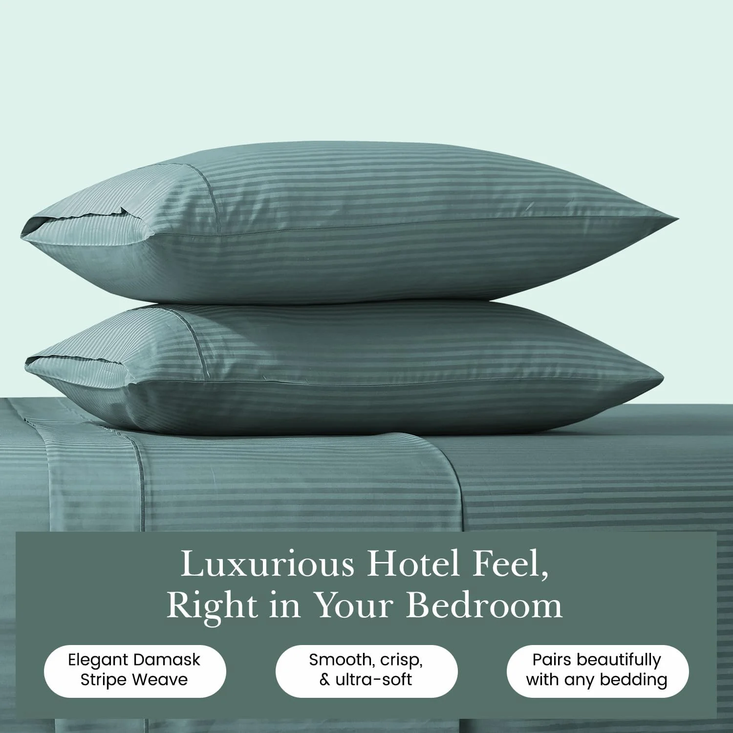 ست 2 عددی روکش بالش FEATHER & STITCH NEW YORK، روبالشی های سایز استاندارد با بست پاکتی، نرم و لوکس با بافت ساتن راه راه داماسک 500TC، 50x76 سانتی متر - سبز گرانیتی ست 2 عددی روکش بالش FEATHER & STITCH NEW YORK، روبالشی های سایز استاندارد با بست پاکتی، نرم و لوکس با بافت ساتن راه راه داماسک 500TC، 50x76 سانتی متر - سبز گرانیتی