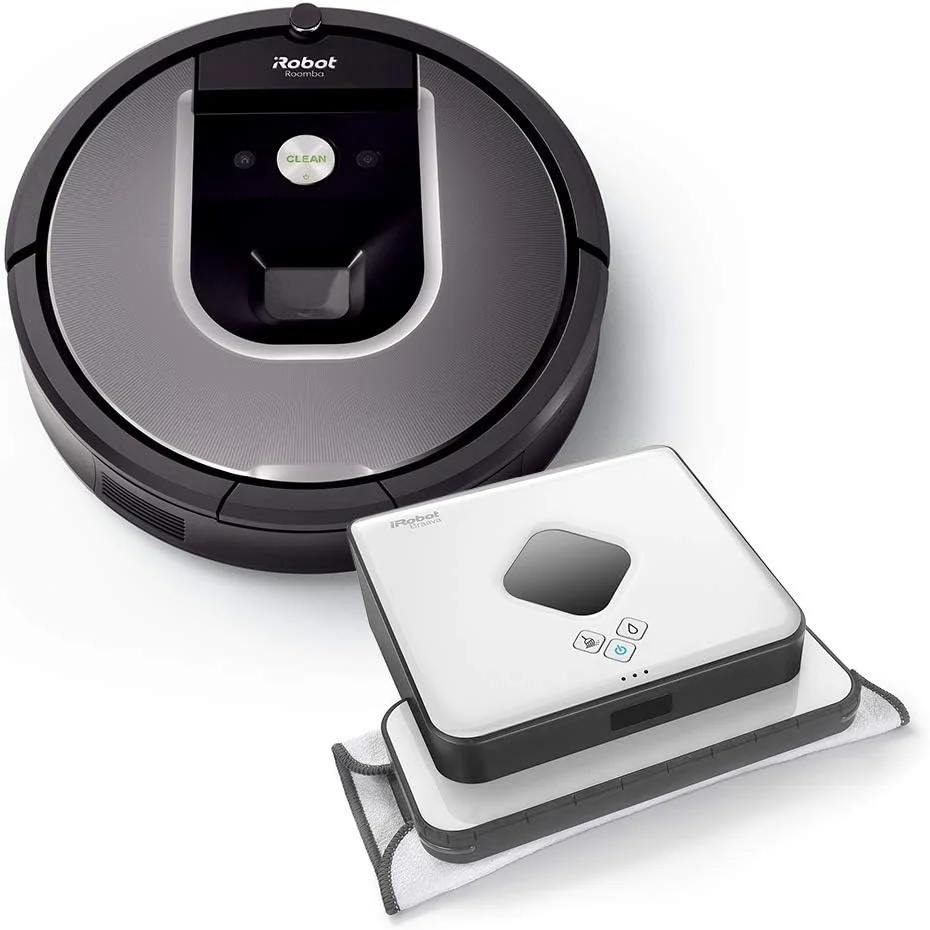 مجموعه ربات جاروبرقی iRobot Roomba 960 به همراه ربات تمیز کننده Braava 390t: Roomba جارو می کشد و Braava تمیز می کند، قدرت پاک کنندگی بالا بر روی همه سطوح، ایده آل برای موی حیوانات خانگی و فضاهای بزرگ، کنترل از طریق اپلیکیشن