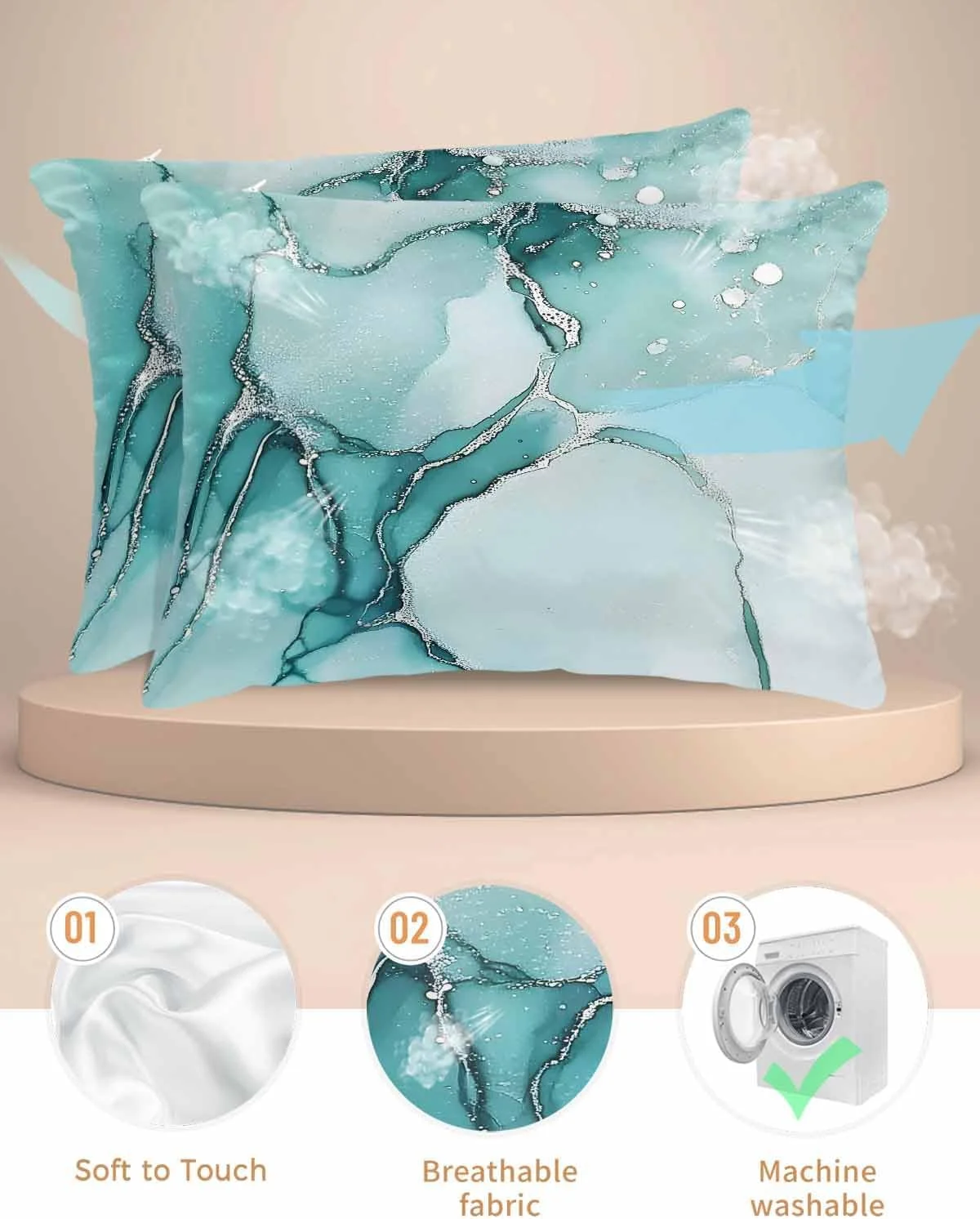 روبالشتی ساتن طرح مرمر فیروزه ای برای مو و پوست، طرح های مدرن و وینتیج، بسته 2 عددی با زیپ، بسیار نرم و خنک، مشابه روکش های ابریشمی، سایز 50x75 سانتی متر
