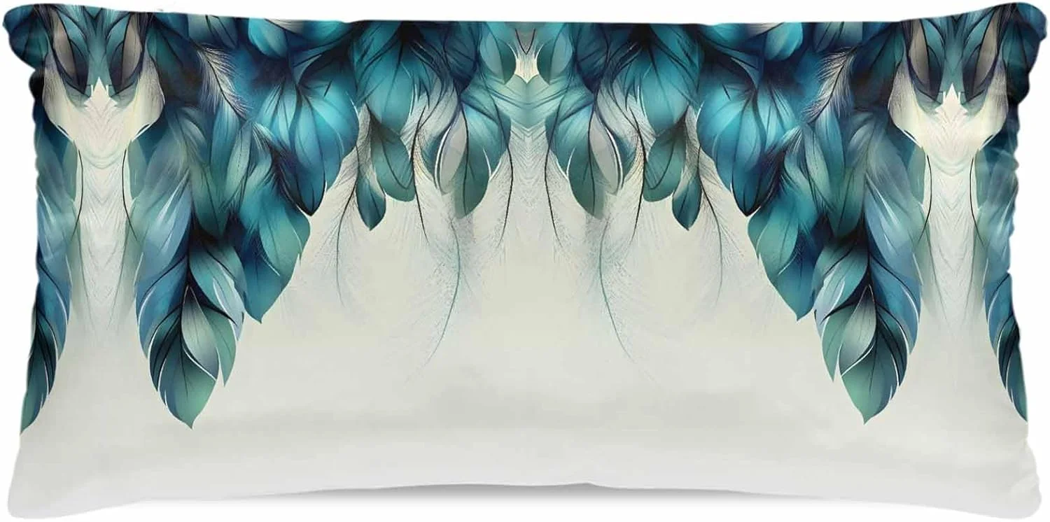 روبالشی ساتن طرح هنری انتزاعی برای مو و پوست، لبه نرم، تزئین پر سبز، روکش بالش وینتیج 2 عددی با زیپ، بسیار نرم و خنک شبیه روکش بالش ابریشمی، 50x100 سانتی متر