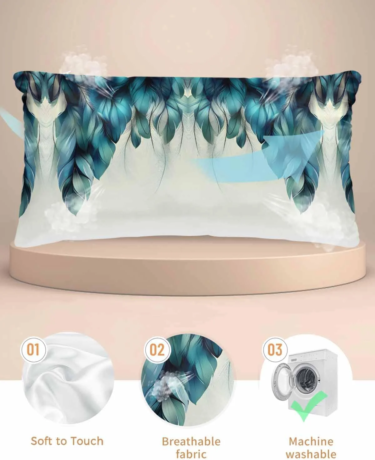 روبالشی ساتن طرح هنری انتزاعی برای مو و پوست، لبه نرم، تزئین پر سبز، روکش بالش وینتیج 2 عددی با زیپ، بسیار نرم و خنک شبیه روکش بالش ابریشمی، 50x100 سانتی متر