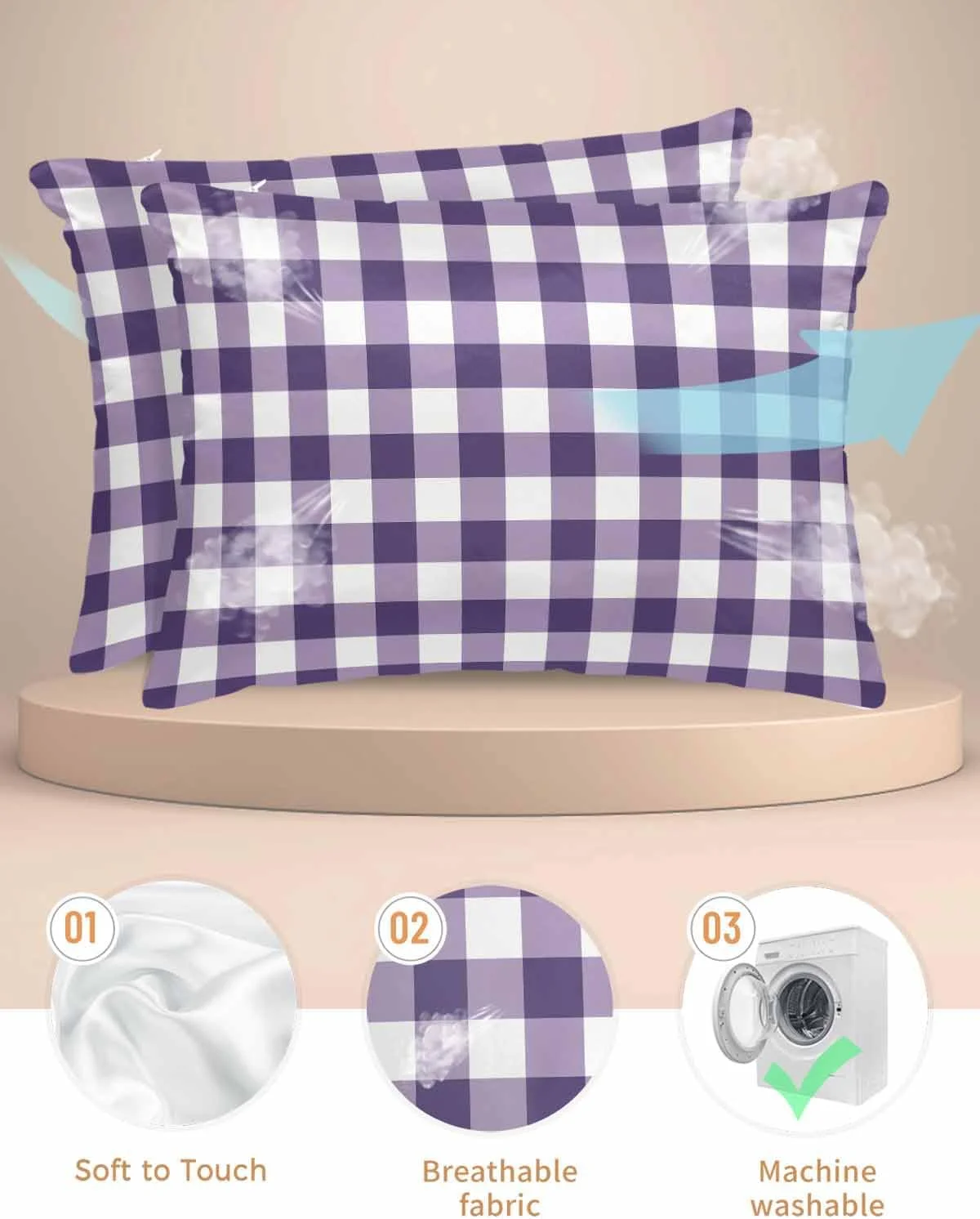 روبالشی ساتن طرح چهارخانه بنفش برای مو و پوست، روبالشی های گرادیان بنفش وینتیج، بسته 2 عددی با زیپ، فوق العاده نرم و خنک شبیه روکش های ابریشمی، 50x75 سانتی متر