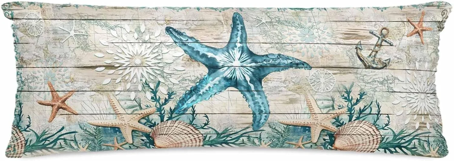 روبالشی ساتن طرح ستاره دریایی، مرجانی، لنگر و صدف، بسته 2 عددی با زیپ، بسیار نرم و خنک، مشابه روکش بالش ابریشمی، 50x137 سانتی متر