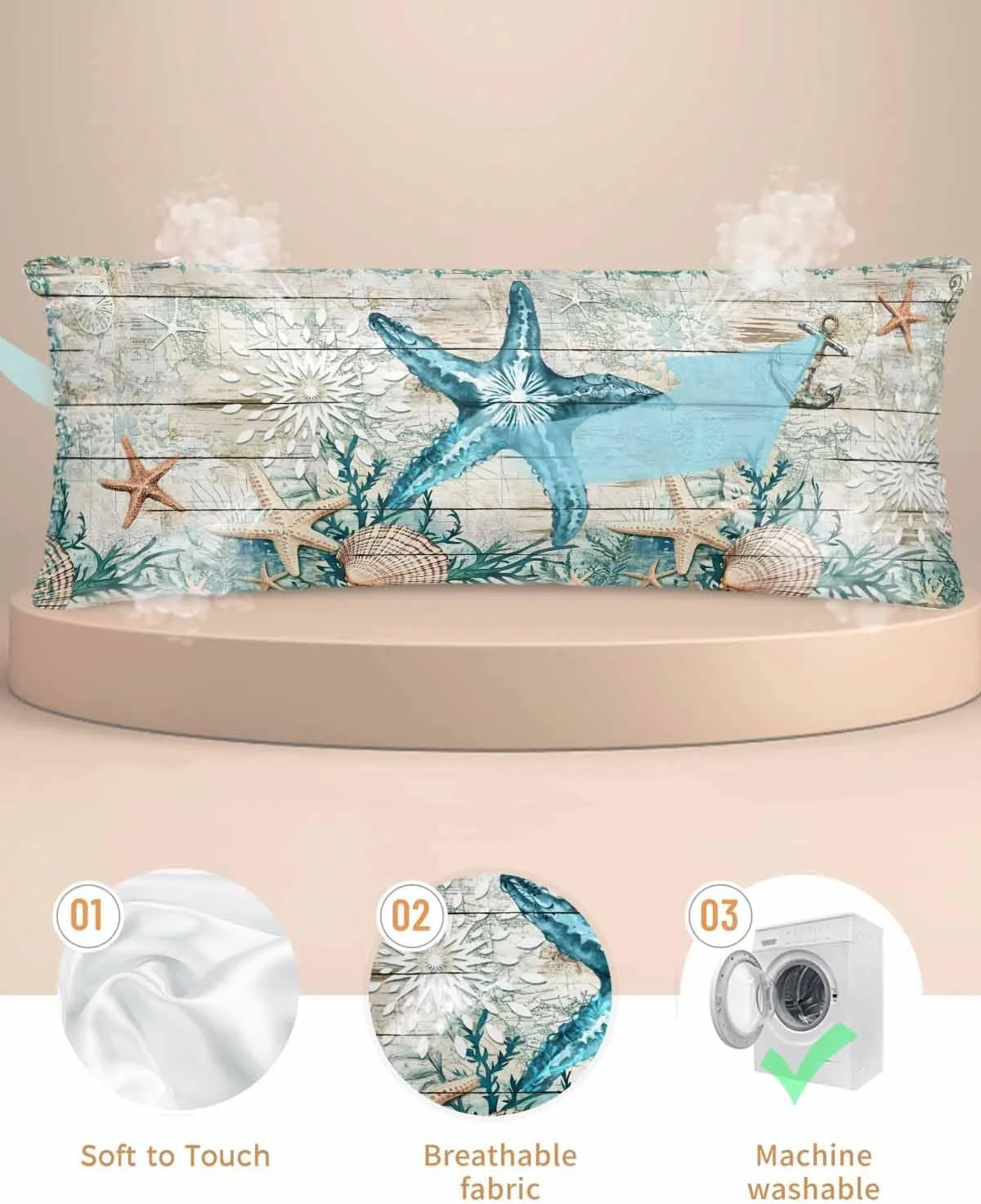 روبالشی ساتن طرح ستاره دریایی، مرجانی، لنگر و صدف، بسته 2 عددی با زیپ، بسیار نرم و خنک، مشابه روکش بالش ابریشمی، 50x137 سانتی متر