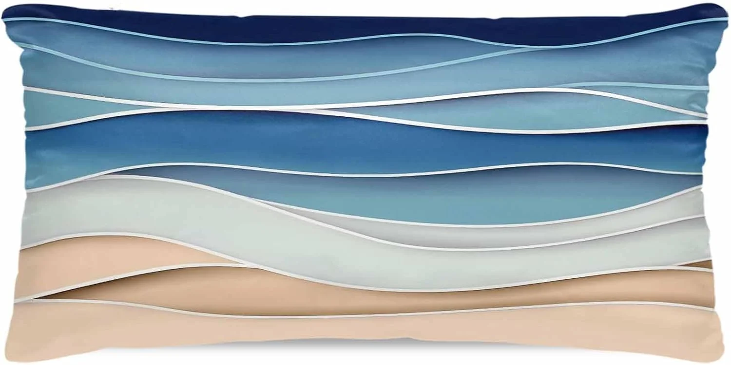 روبالشتی ساتن آبی روشن طرح موجی برای مو و پوست، روبالشتی های گرادیان آبی روشن وینتیج، بسته 2 عددی با زیپ، بسیار نرم و خنک شبیه روکش های ابریشمی، 50x100 سانتی متر