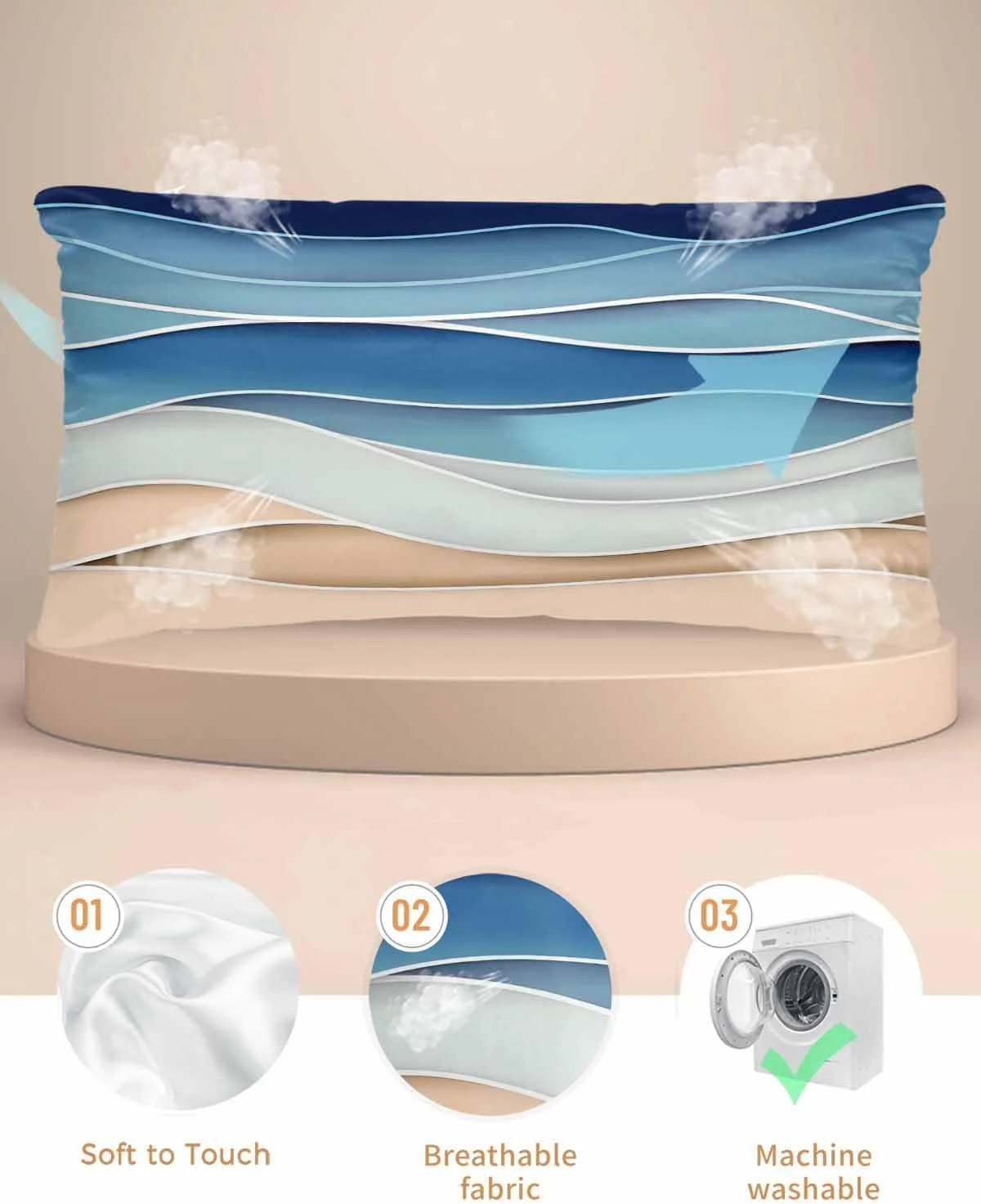 روبالشتی ساتن آبی روشن طرح موجی برای مو و پوست، روبالشتی های گرادیان آبی روشن وینتیج، بسته 2 عددی با زیپ، بسیار نرم و خنک شبیه روکش های ابریشمی، 50x100 سانتی متر