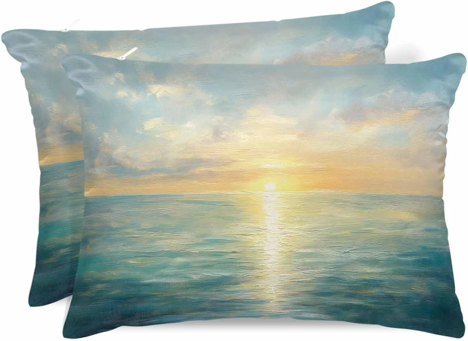 روبالشتی ساتن Sunrise Ocean برای مو و پوست، طرح نقاشی رنگ روغن تابستانی آبی، روکش بالش های وینتیج 2 عددی با زیپ، بسیار نرم و خنک شبیه روکش بالش ابریشمی، 50x91 سانتی متر