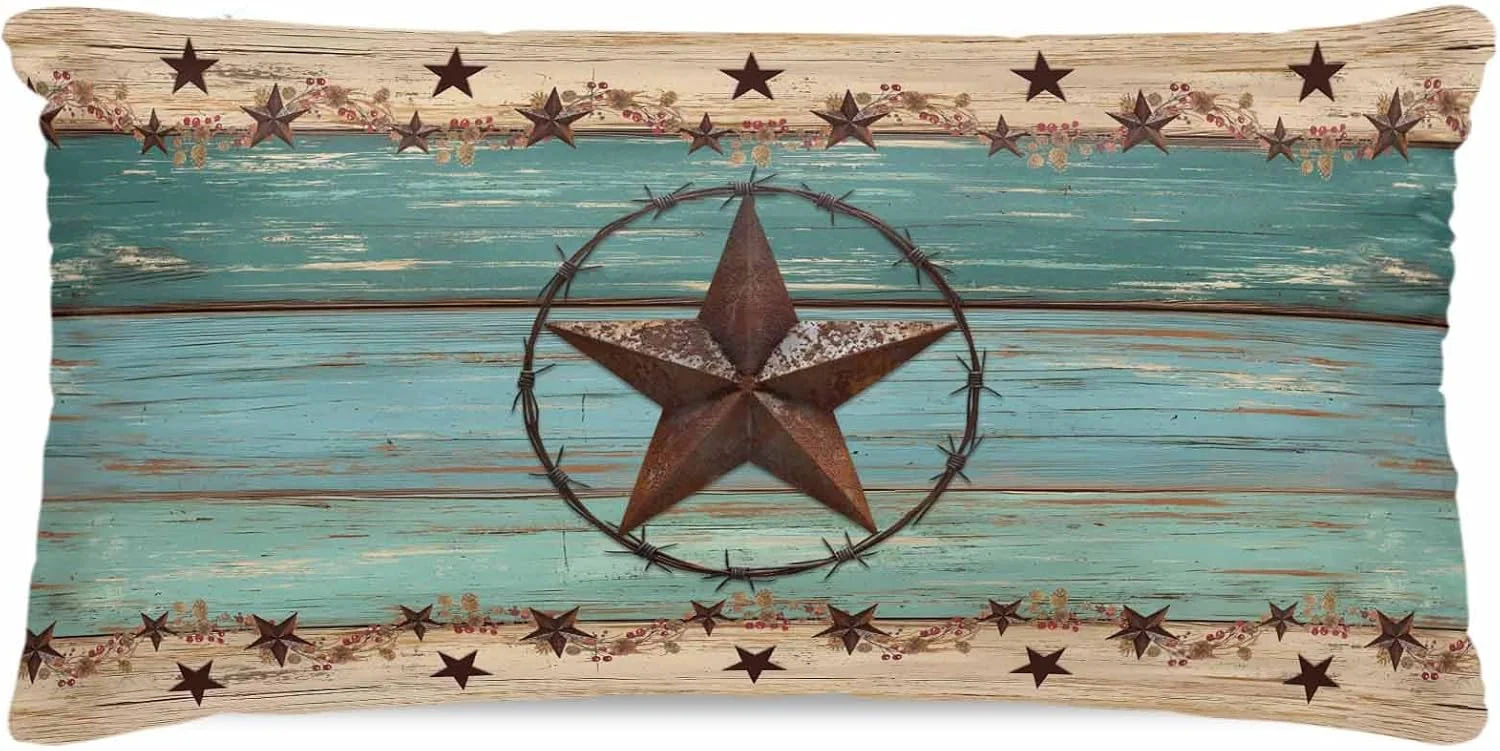 روبالشی ساتن وسترن تگزاس استار برای مو و پوست، طرح های قدیمی فیروزه ای، چوبی، روستایی و وینتیج، بسته 2 عددی با زیپ، بسیار نرم و خنک، مشابه روکش های ابریشمی، سایز 50x100 سانتی متر