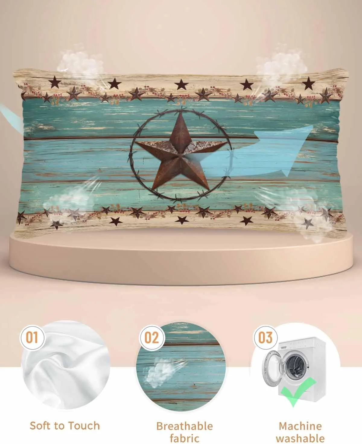 روبالشی ساتن وسترن تگزاس استار برای مو و پوست، طرح های قدیمی فیروزه ای، چوبی، روستایی و وینتیج، بسته 2 عددی با زیپ، بسیار نرم و خنک، مشابه روکش های ابریشمی، سایز 50x100 سانتی متر