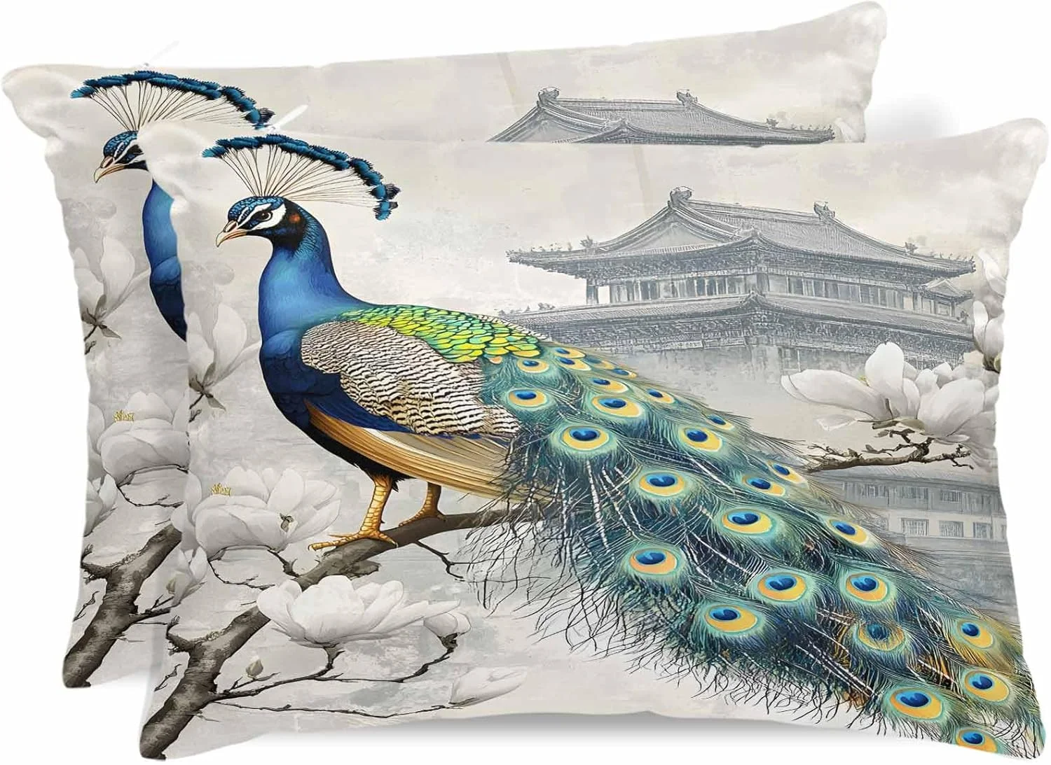 روبالشتی ساتن طاووسی برای مو و پوست، گل های قدیمی آبرنگی، سبک عتیقه، بسته 2 عددی روبالشتی با زیپ، فوق العاده نرم و خنک، مشابه روکش های ابریشمی، 50x90 سانتی متر