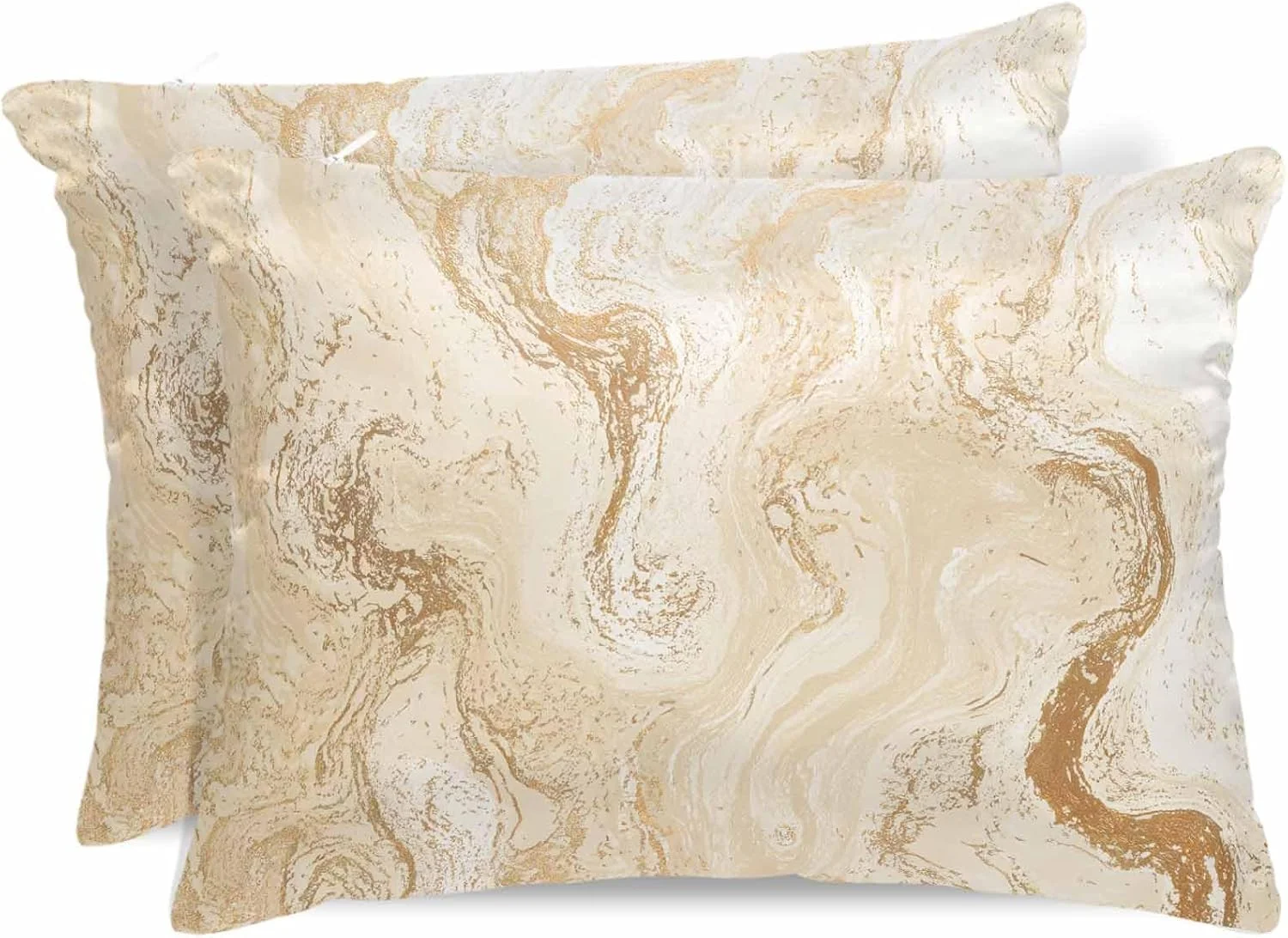 روبالشی ساتن مرمر برای مو و پوست، هنر سیال انتزاعی، بافت مرمر قهوه ای بژ، روبالشی مدرن و قدیمی 2 عددی با زیپ، فوق العاده نرم و خنک کننده شبیه روکش های ابریشمی، 50x91 سانتی متر