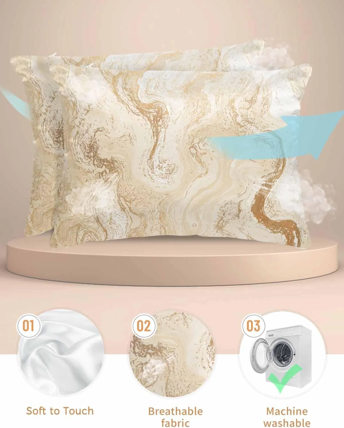 روبالشی ساتن مرمر برای مو و پوست، هنر سیال انتزاعی، بافت مرمر قهوه ای بژ، روبالشی مدرن و قدیمی 2 عددی با زیپ، فوق العاده نرم و خنک کننده شبیه روکش های ابریشمی، 50x91 سانتی متر