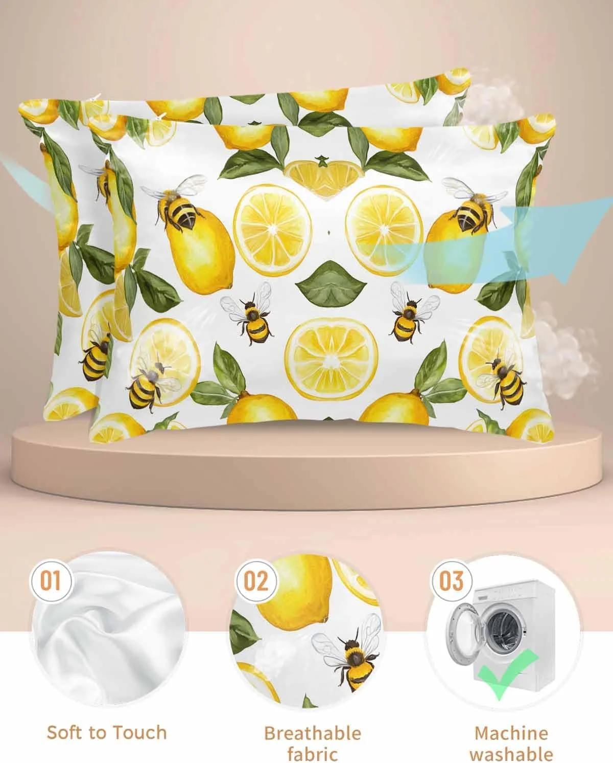 روبالشی ساتن آبرنگی تابستانی برای مو و پوست، طرح لیمو زرد، برگ و زنبور، دو عددی با زیپ، بسیار نرم و خنک مشابه روکش بالش ابریشمی، سایز 50x66 سانتی متر روبالشی ساتن آبرنگی تابستانی برای مو و پوست، طرح لیمو زرد، برگ و زنبور، دو عددی با زیپ، بسیار نرم و خنک مشابه روکش بالش ابریشمی، سایز 50x66 سانتی متر