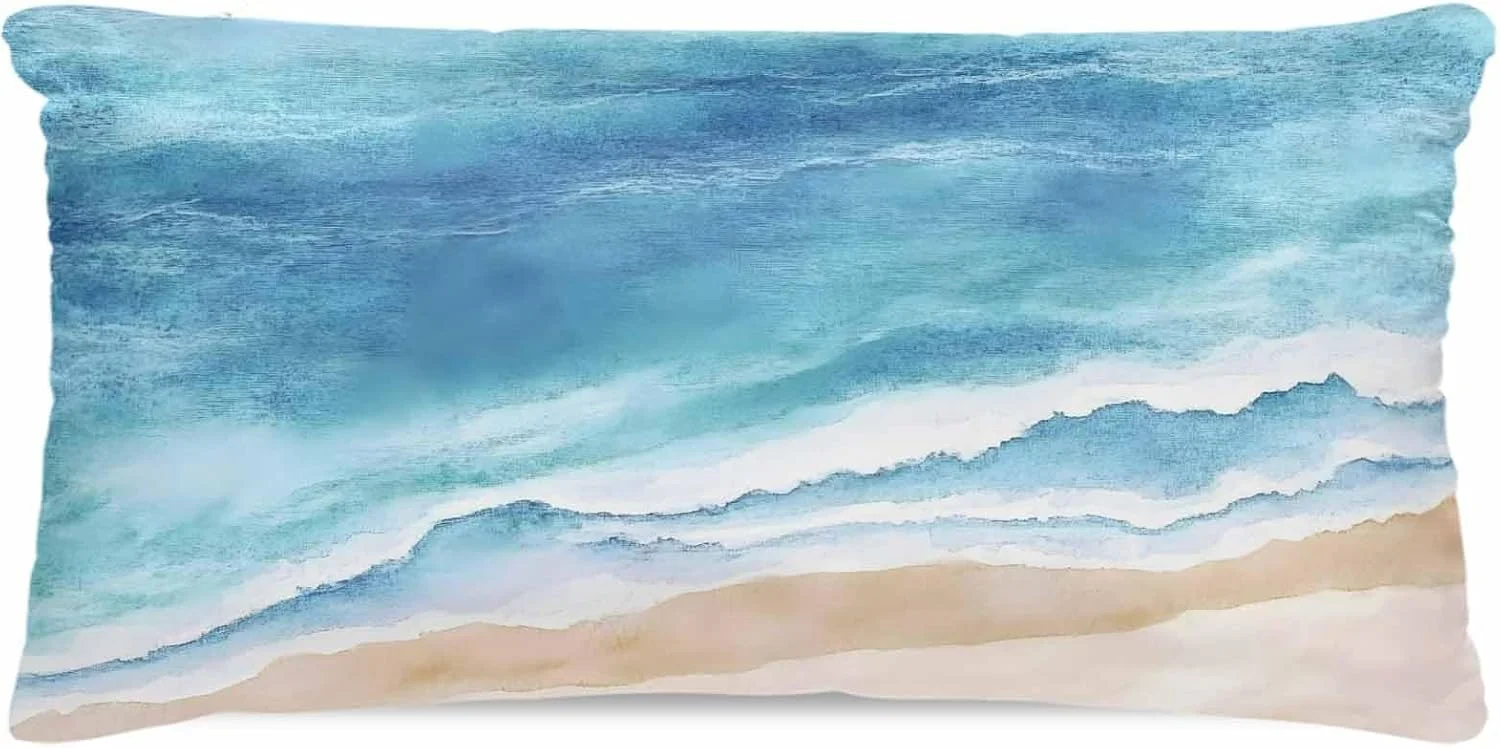 روبالشی ساتن طرح ساحل اقیانوس برای مو و پوست، موج های آبی آبرنگی، بسته 2 عددی با زیپ، بسیار نرم و خنک شبیه روکش بالش ابریشمی، 50x100 سانتی متر