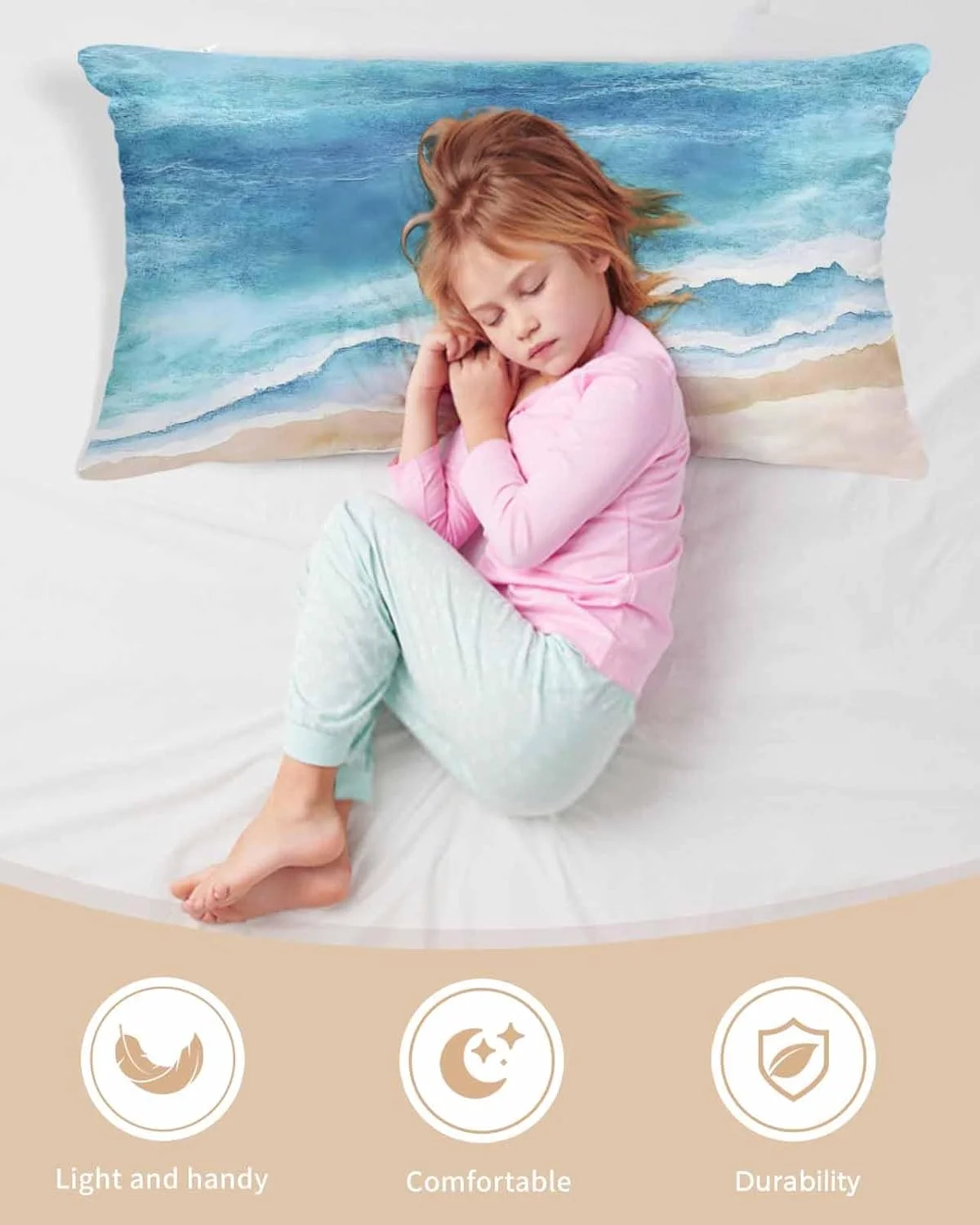 روبالشی ساتن طرح ساحل اقیانوس برای مو و پوست، موج های آبی آبرنگی، بسته 2 عددی با زیپ، بسیار نرم و خنک شبیه روکش بالش ابریشمی، 50x100 سانتی متر