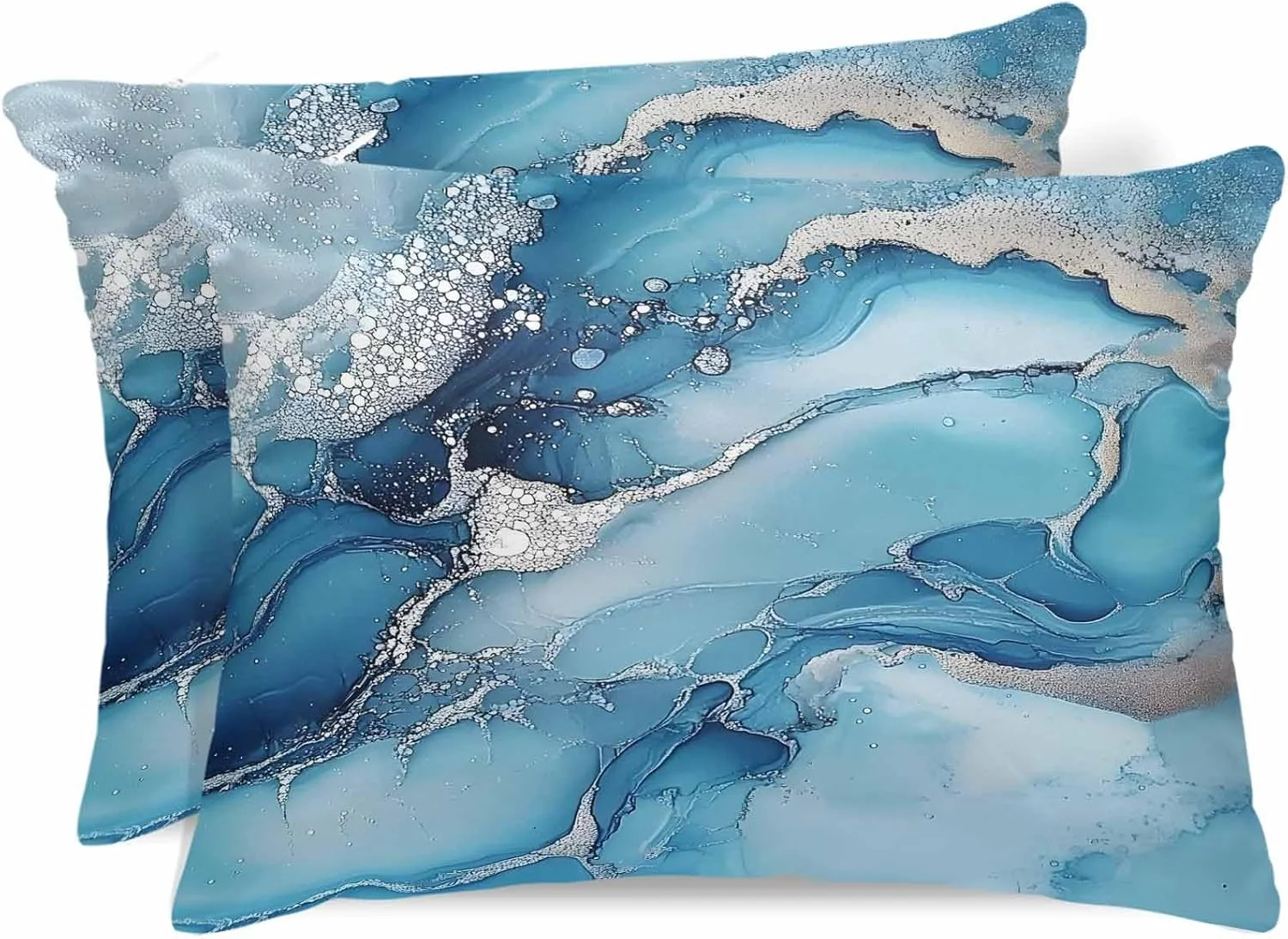 روبالشتی ساتن با طرح مرمر برای مو و پوست، آبی نقره ای، براق، مدرن، انتزاعی، طرح قدیمی، بسته 2 عددی با زیپ، فوق العاده نرم و خنک شبیه روکش های ابریشمی، 50x91 سانتی متر