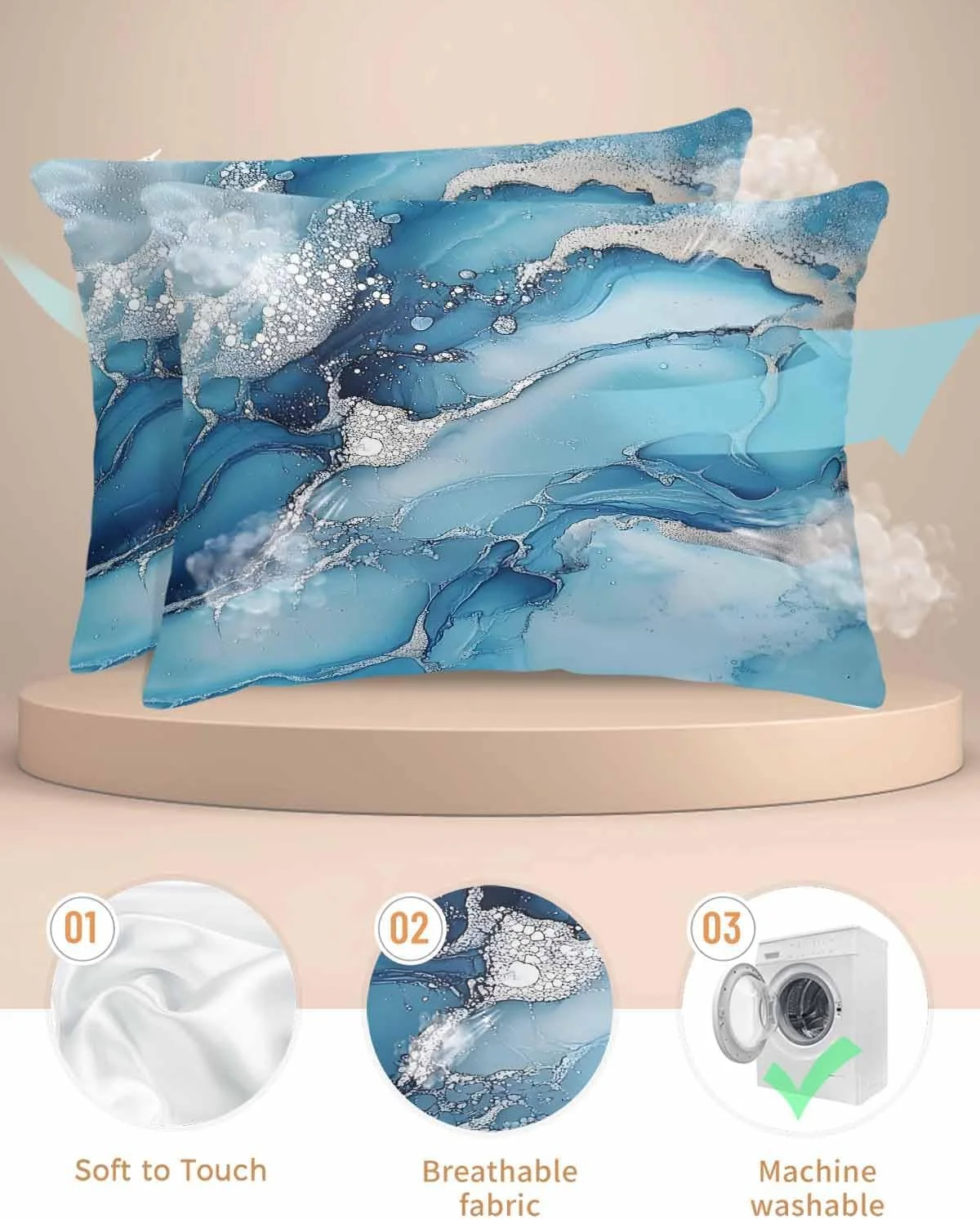 روبالشتی ساتن با طرح مرمر برای مو و پوست، آبی نقره ای، براق، مدرن، انتزاعی، طرح قدیمی، بسته 2 عددی با زیپ، فوق العاده نرم و خنک شبیه روکش های ابریشمی، 50x91 سانتی متر