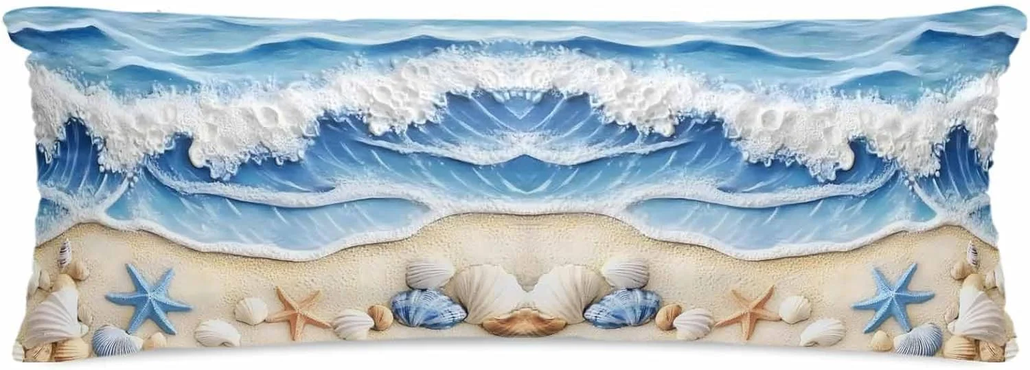 روبالشتی ساتن ساحلی تابستانی برای مو و پوست، طرح صدف ستاره دریایی، بسته 2 عددی با زیپ، بسیار نرم و خنک شبیه روکش های ابریشمی، 50x137 سانتی متر