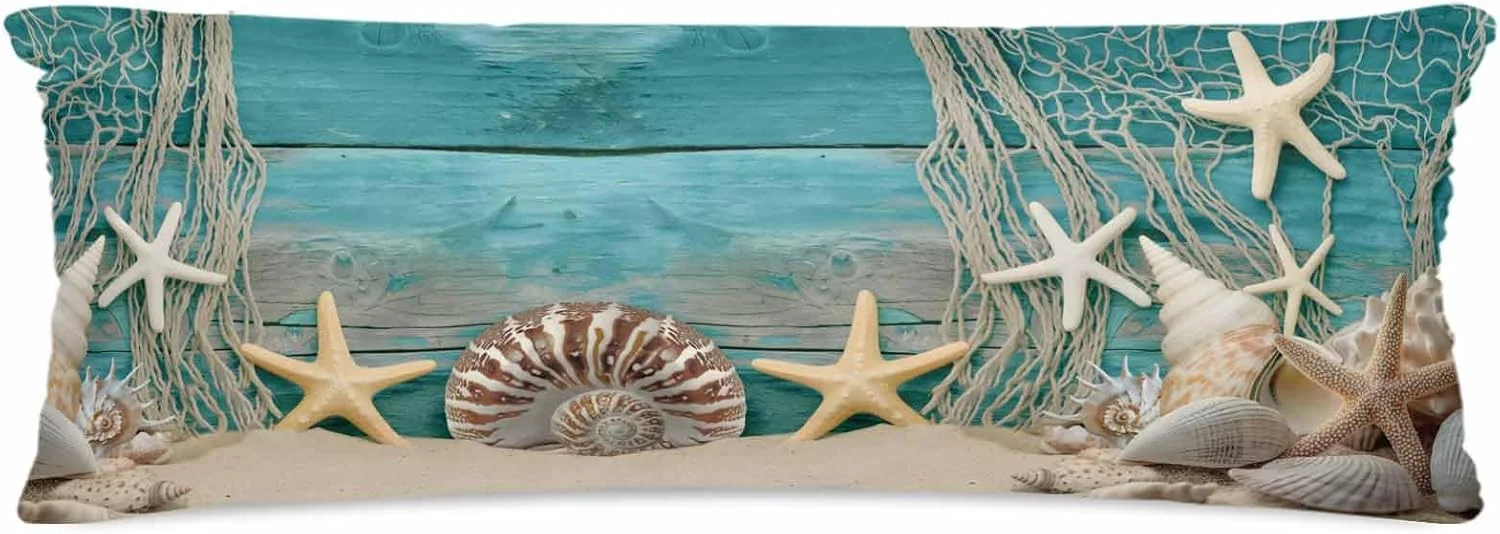 روبالشی ساتن اوشن مارین برای مو و پوست، طرح صدف قدیمی، ستاره دریایی، چوب آبی، روکش بالش های قدیمی 2 عددی با زیپ، فوق العاده نرم و خنک شبیه به روکش بالش ابریشمی، 50x137 سانتی متر