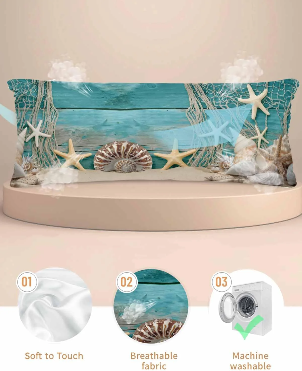 روبالشی ساتن اوشن مارین برای مو و پوست، طرح صدف قدیمی، ستاره دریایی، چوب آبی، روکش بالش های قدیمی 2 عددی با زیپ، فوق العاده نرم و خنک شبیه به روکش بالش ابریشمی، 50x137 سانتی متر