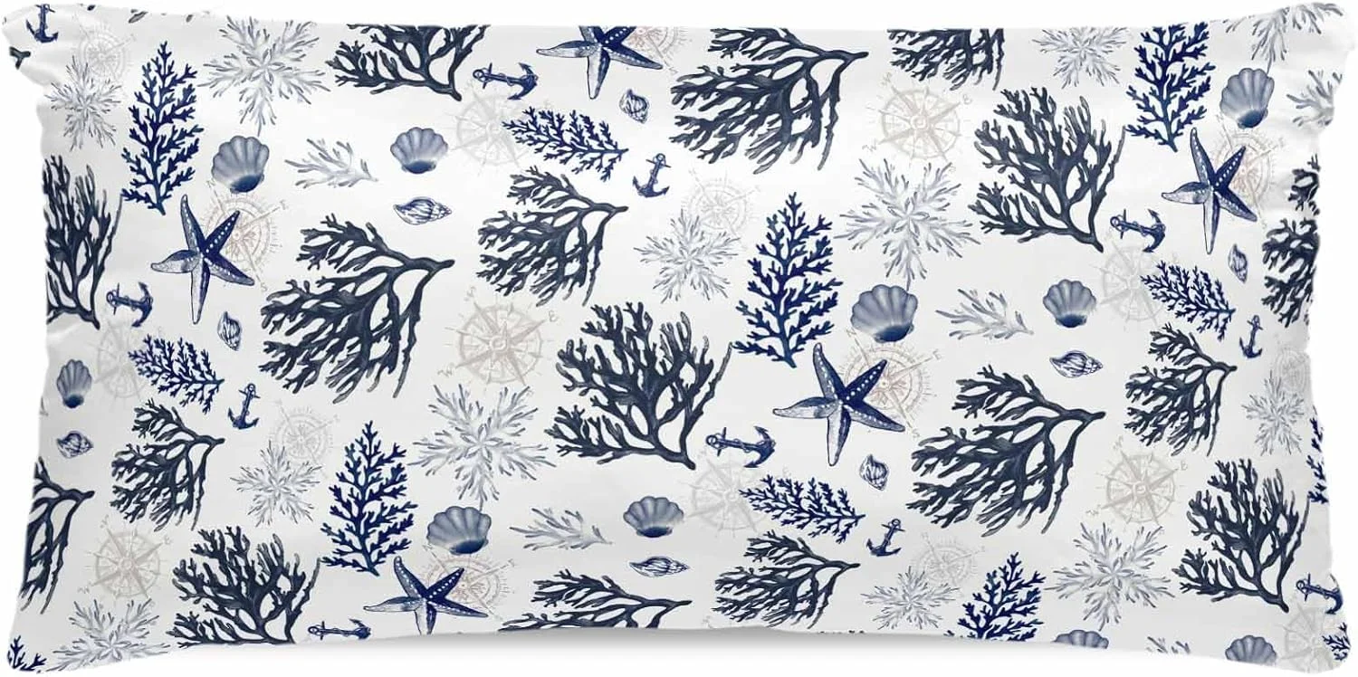 روبالشتی ساتن طرح ساحلی دریایی برای مو و پوست، طرح مرجانی ستاره دریایی مشکی سفید وینتیج، بسته 2 عددی با زیپ، بسیار نرم و خنک شبیه روکش های ابریشمی، 50x100 سانتی متر