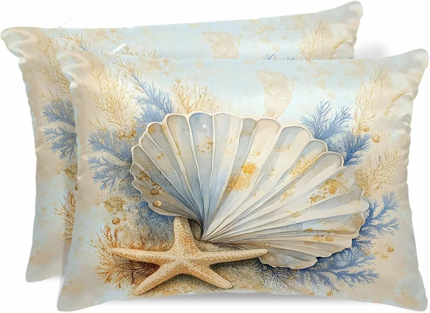 Ocean Shell Coral Satin Pillowcase for Hair and Skin Starfish Coastal Vintage Pillow Cases 2 Pack with Zipper, Super Soft Cooling Similar to Silk Pillow Covers, 20x26 Inch