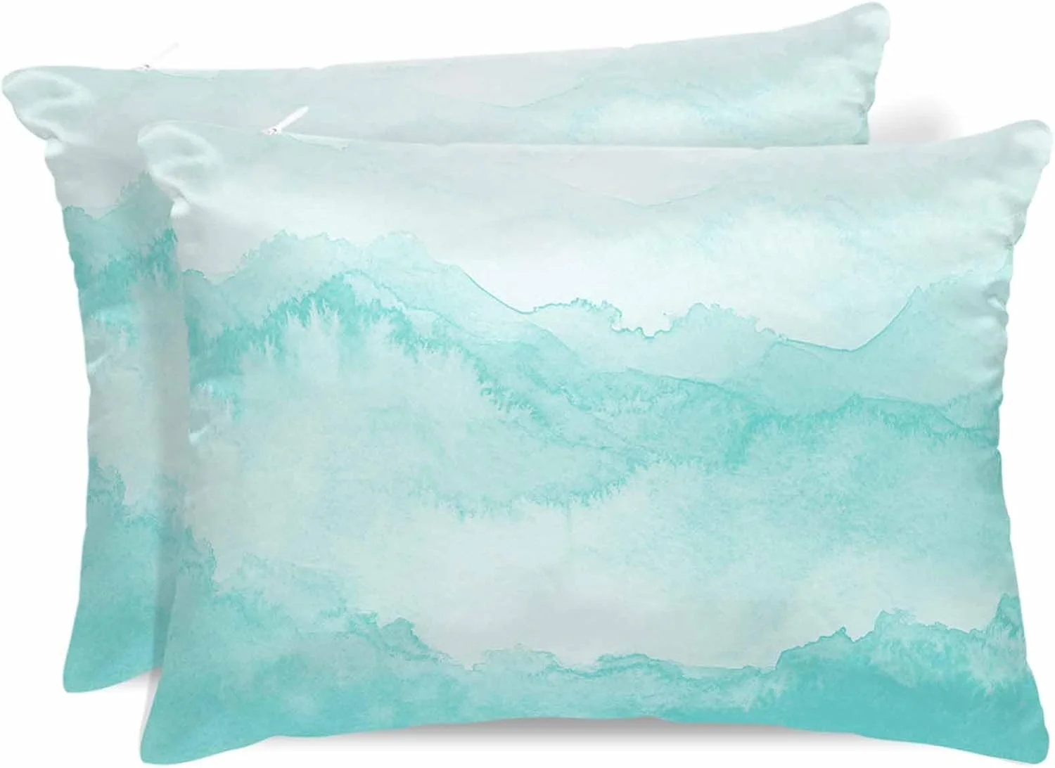 روبالشتی ساتن آبرنگی طرح کوه آبی مناسب مو و پوست، بافت آبرنگی، هنر انتزاعی، روبالشتی های وینتیج 2 عددی با زیپ، بسیار نرم و خنک شبیه روکش های ابریشمی، 50x66 سانتی متر