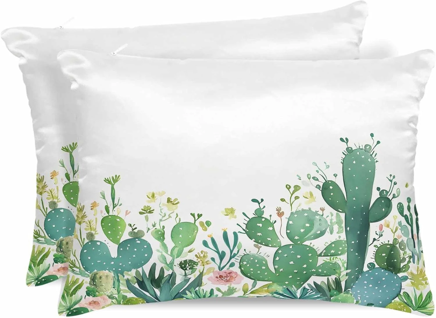 روبالشی ساتن آبرنگی کاکتوس برای مو و پوست، گل های نقاشی شده با دست، روبالشی های قدیمی و وینتیج 2 عددی با زیپ، فوق العاده نرم و خنک شبیه روکش های ابریشمی، 50x75 سانتی متر