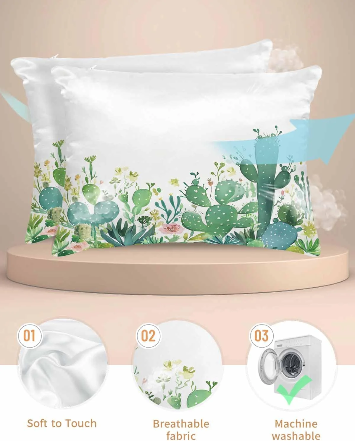 روبالشی ساتن آبرنگی کاکتوس برای مو و پوست، گل های نقاشی شده با دست، روبالشی های قدیمی و وینتیج 2 عددی با زیپ، فوق العاده نرم و خنک شبیه روکش های ابریشمی، 50x75 سانتی متر