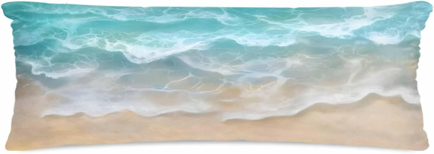 روبالشی ساتن ساحلی تابستانی برای مو و پوست، طرح ساحل فیروزه ای، روکش بالش های وینتیج، بسته 2 عددی با زیپ، بسیار نرم و خنک شبیه روکش بالش ابریشمی، 50x137 سانتی متر