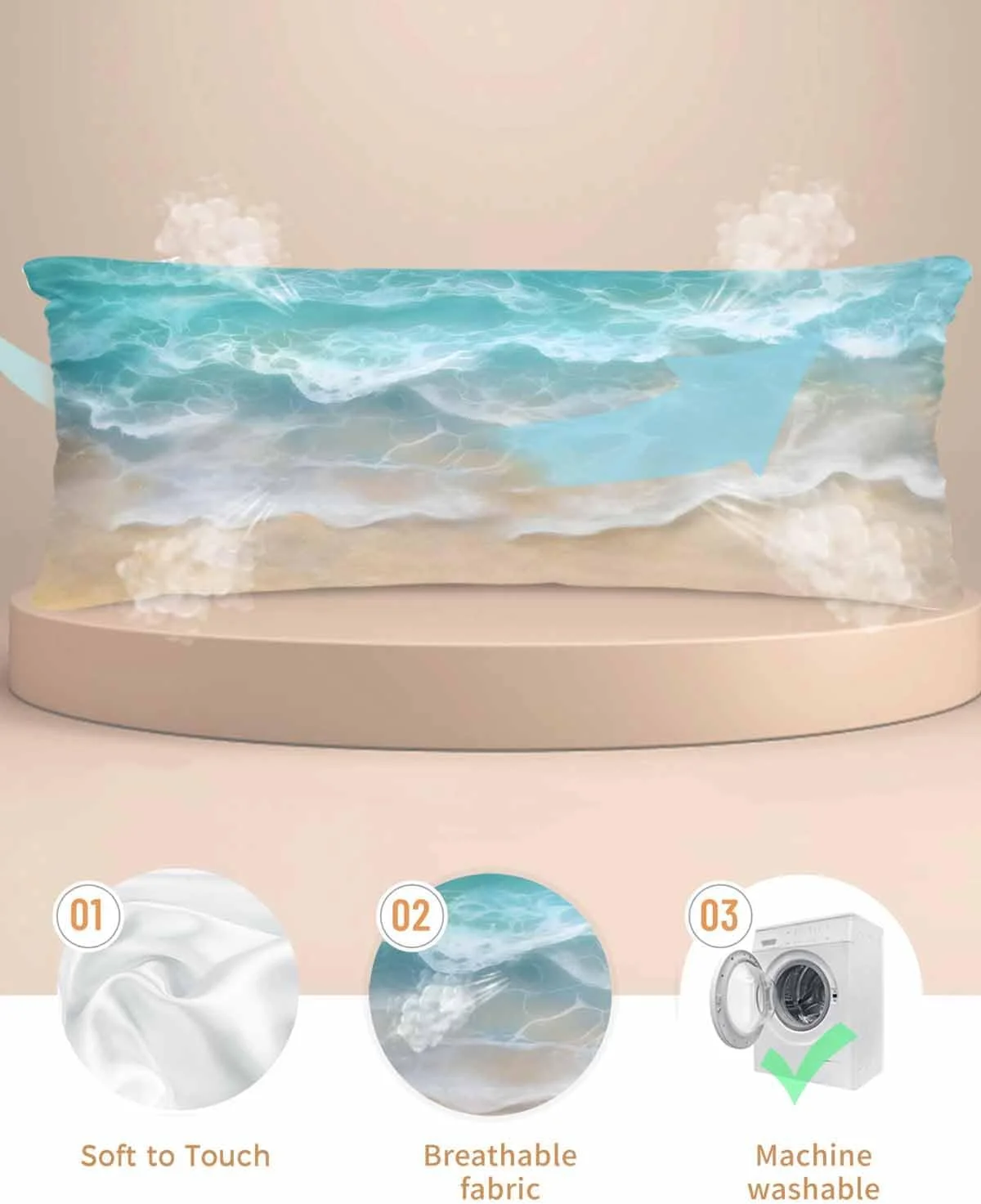 روبالشی ساتن ساحلی تابستانی برای مو و پوست، طرح ساحل فیروزه ای، روکش بالش های وینتیج، بسته 2 عددی با زیپ، بسیار نرم و خنک شبیه روکش بالش ابریشمی، 50x137 سانتی متر