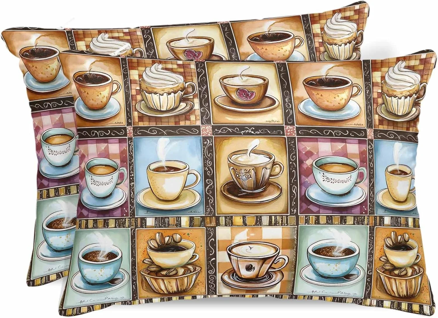 روبالشی ساتن فنجان قهوه برای مو و پوست، طرح چهارخانه قدیمی، تکه دوزی شده، روستایی، 2 عددی، دارای زیپ، بسیار نرم و خنک، مشابه روکش بالش ابریشمی، 50x91 سانتی متر