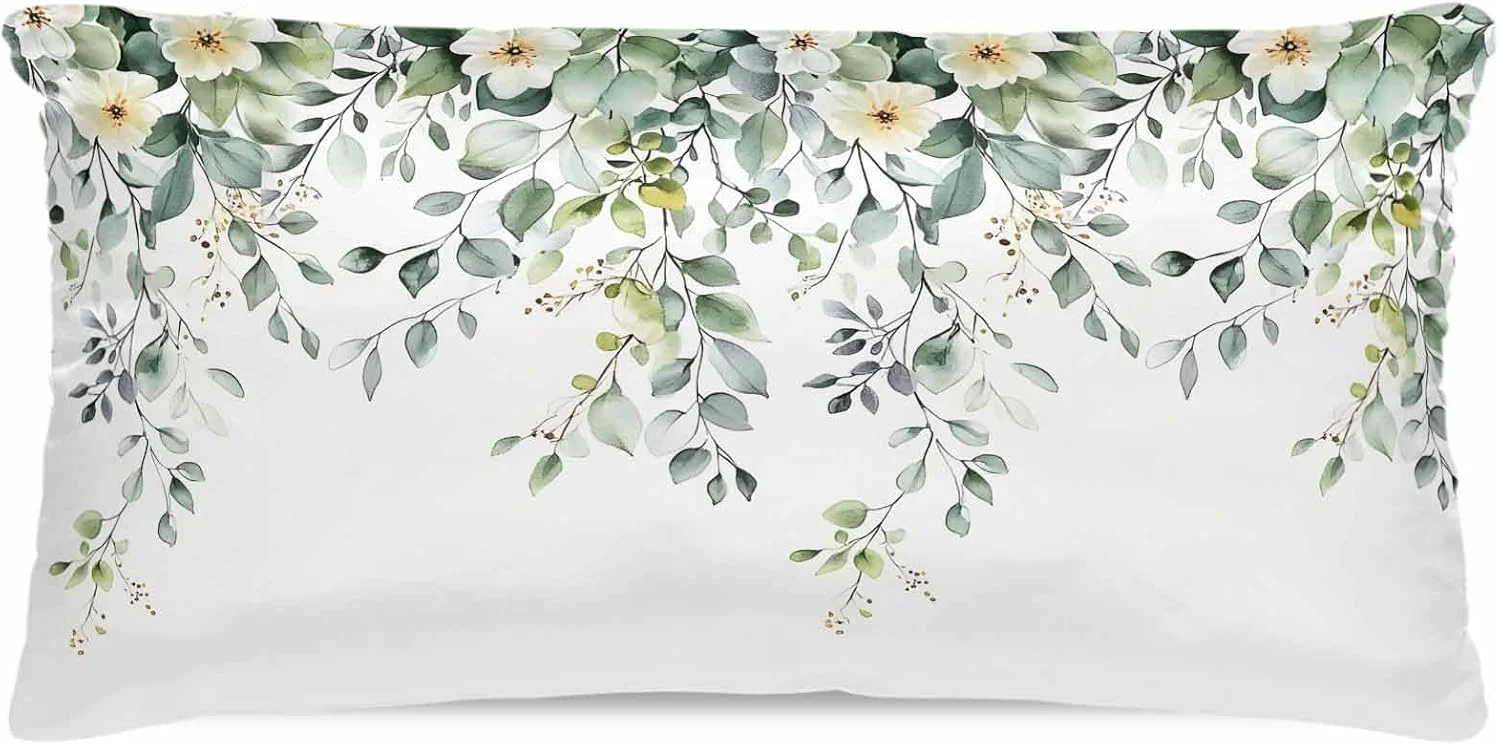 روبالشی ساتن طرح برگ های تابستانی برای مو و پوست، طرح برگ اکالیپتوس سبز، بسته 2 عددی با زیپ، بسیار نرم و خنک مشابه روکش های ابریشمی، 50x100 سانتی متر