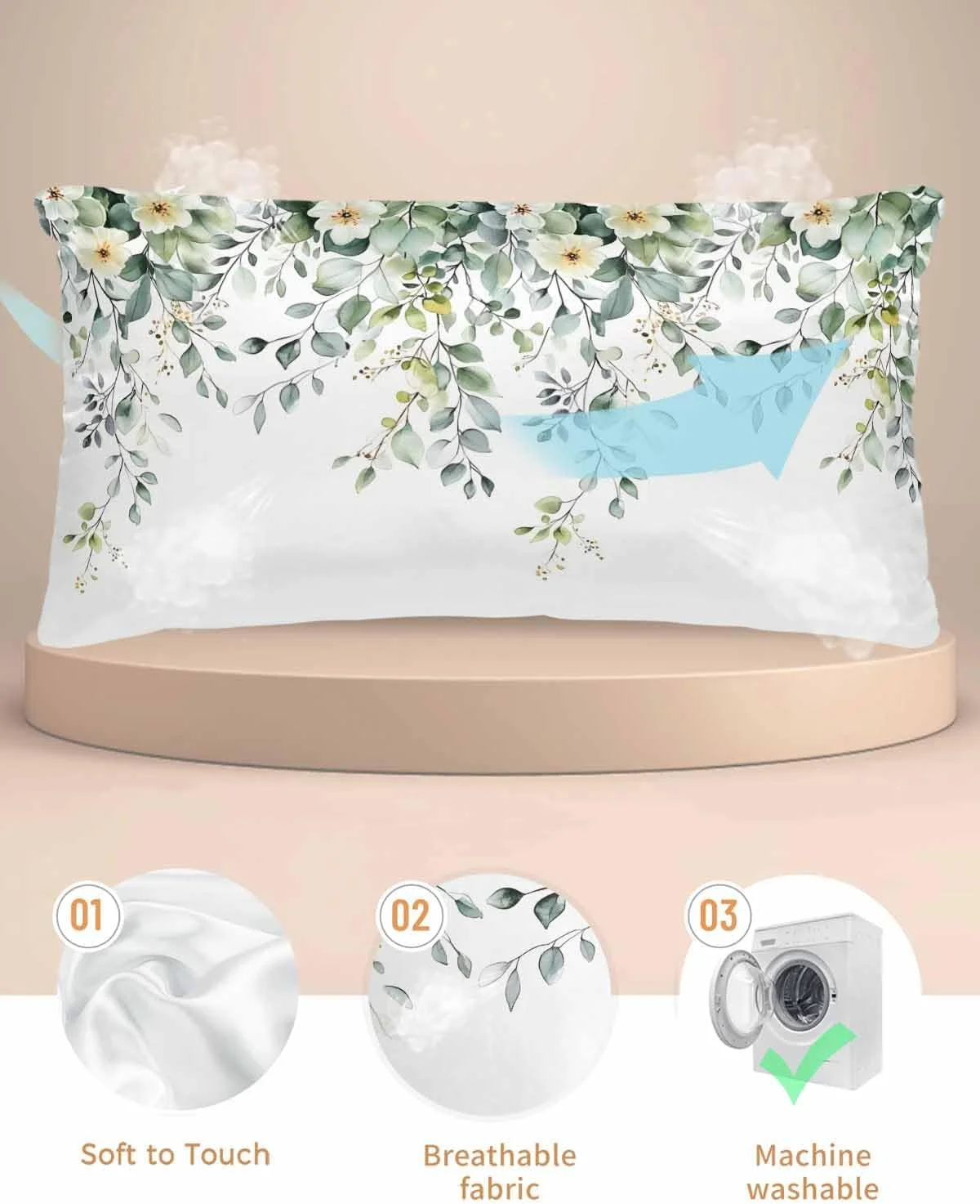 روبالشی ساتن طرح برگ های تابستانی برای مو و پوست، طرح برگ اکالیپتوس سبز، بسته 2 عددی با زیپ، بسیار نرم و خنک مشابه روکش های ابریشمی، 50x100 سانتی متر