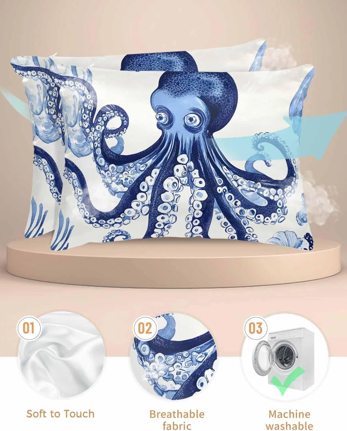 Retro Octopus Satin Pillowcase for Hair and Skin Coastal Octopus Vintage Pillow Cases 2 Pack with Zipper, Super Soft Cooling Similar to Silk Pillow Covers, 20x30 Inch