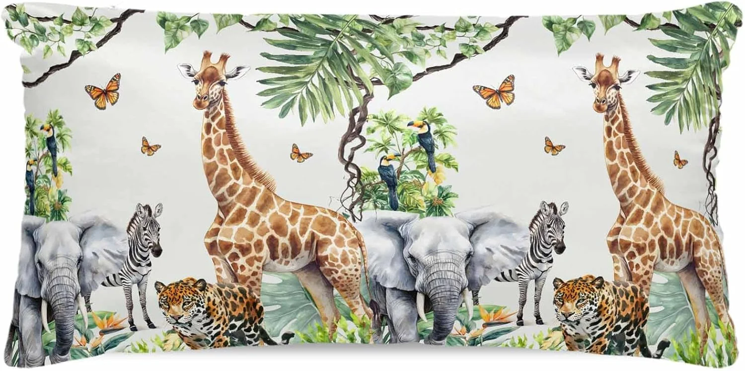 روبالشی ساتن طرح حیوانات جنگل برای مو و پوست، طرح های زرافه، گورخر، فیل و ببر، بسته 2 عددی با زیپ، بسیار نرم و خنک شبیه روکش های ابریشمی، 50x100 سانتی متر