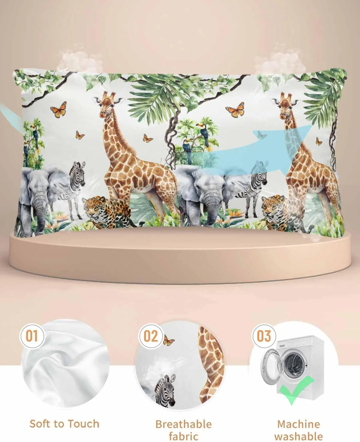 روبالشی ساتن طرح حیوانات جنگل برای مو و پوست، طرح های زرافه، گورخر، فیل و ببر، بسته 2 عددی با زیپ، بسیار نرم و خنک شبیه روکش های ابریشمی، 50x100 سانتی متر روبالشی ساتن طرح حیوانات جنگل برای مو و پوست، طرح های زرافه، گورخر، فیل و ببر، بسته 2 عددی با زیپ، بسیار نرم و خنک شبیه روکش های ابریشمی، 50x100 سانتی متر