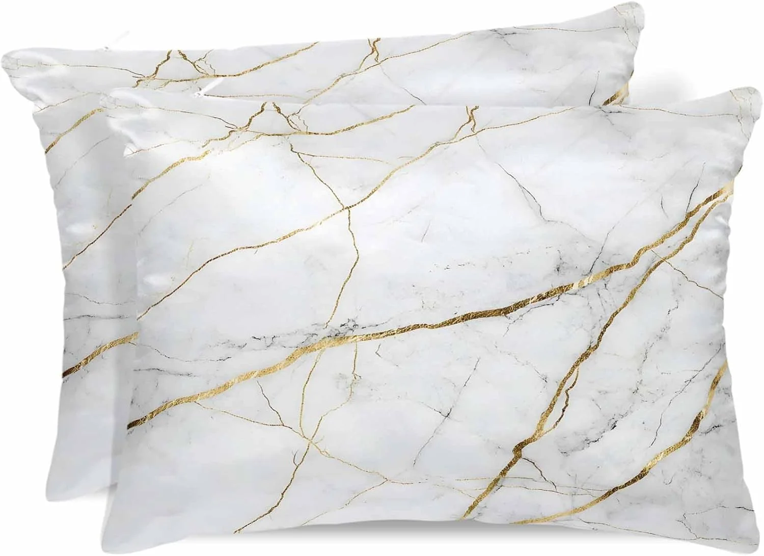 روبالشتی ساتن طرح سنگ مرمر خاکستری برای مو و پوست، طرح خطوط طلایی، بسته 2 عددی با زیپ، بسیار نرم و خنک، مشابه روکش بالش ابریشمی، سایز 50x90 سانتی متر