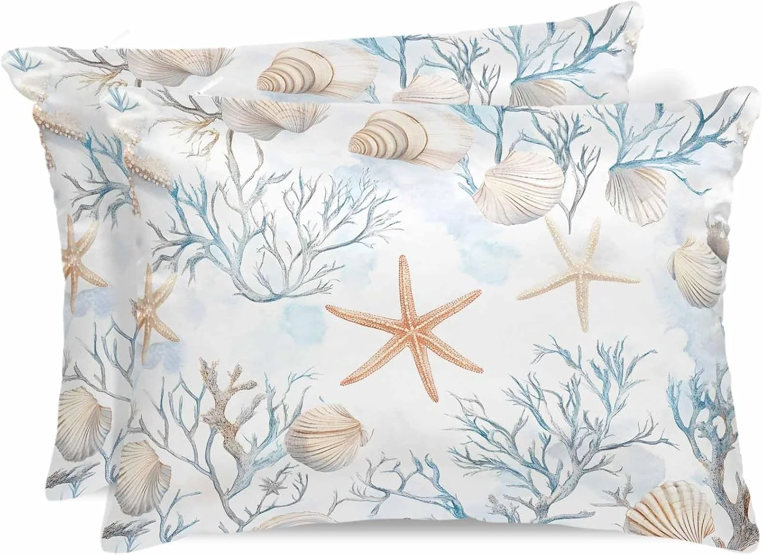 روبالشی ساتن طرح ستاره دریایی مرجانی برای مو و پوست، روکش بالش های وینتیج ساحلی اقیانوسی 2 عددی با زیپ، بسیار نرم و خنک شبیه روکش بالش ابریشمی، 50x75 سانتی متر