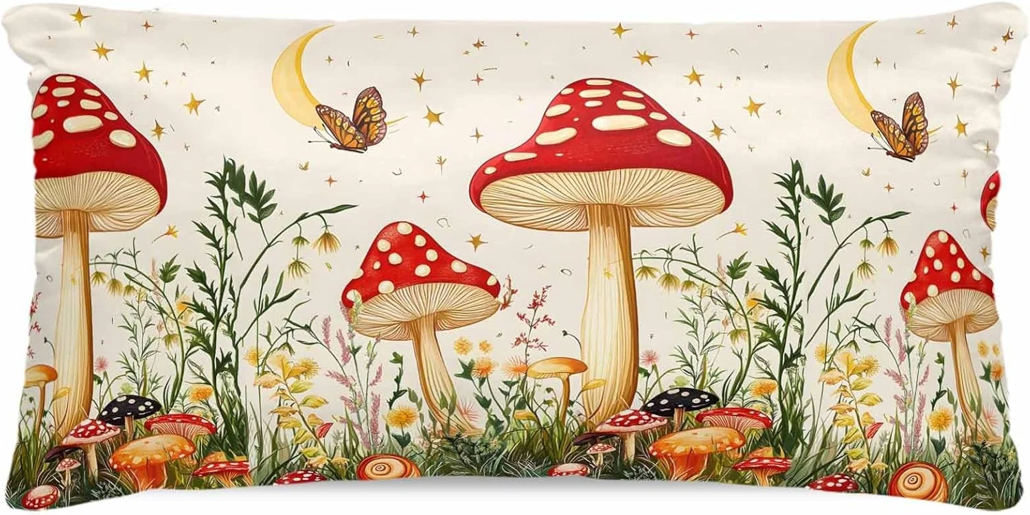 روبالشتی ساتن طرح قارچ قرمز برای مو و پوست، گیاهان سرخس، پروانه، بژ، طرح روستایی، رترو، وینتیج، بسته 2 عددی با زیپ، بسیار نرم و خنک شبیه روکش های ابریشمی، 50x100 سانتی متر