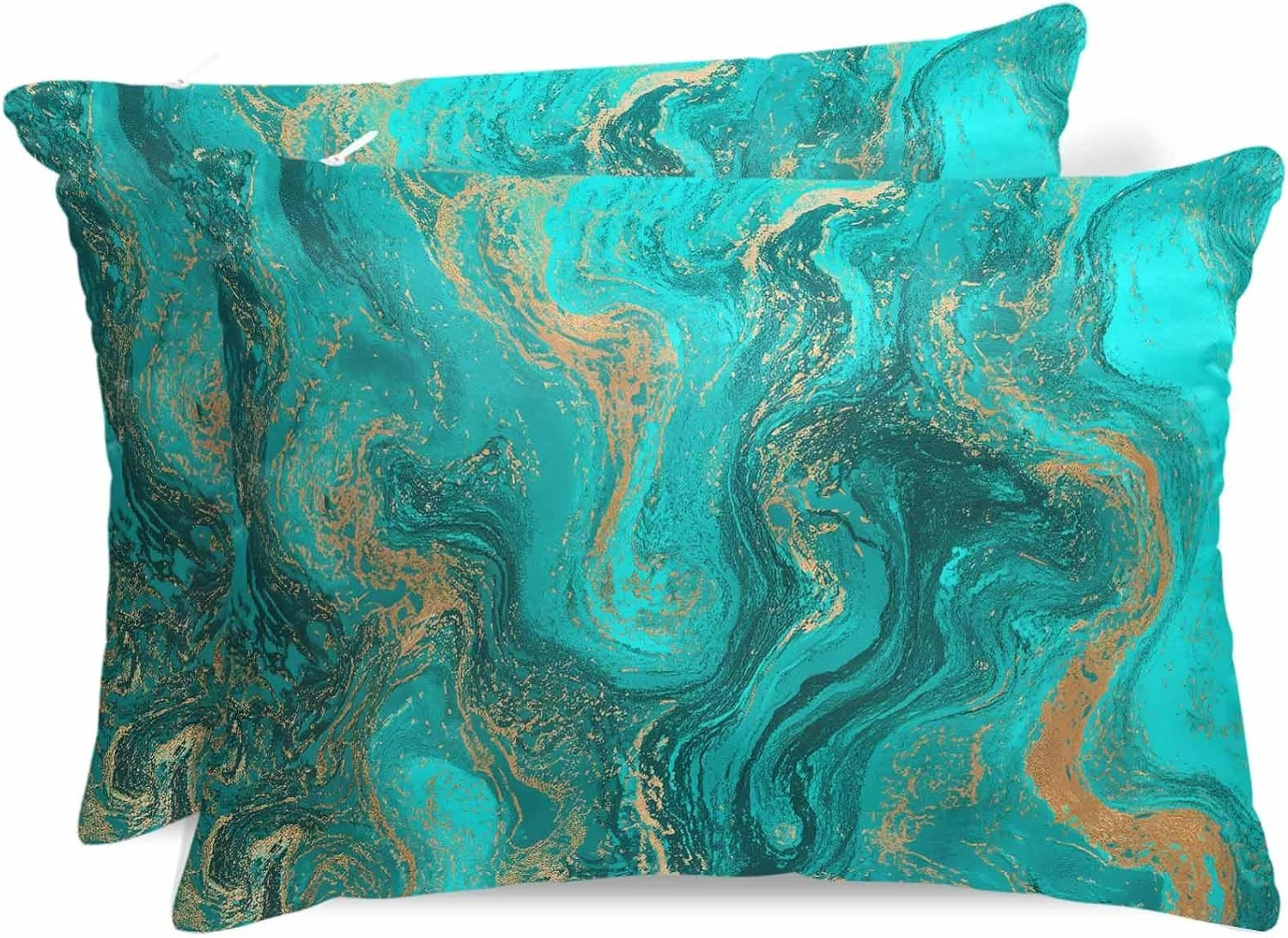 روبالشی ساتن آبی انتزاعی برای مو و پوست، بافت مرمر طلایی و سبز، بسته 2 عددی روبالشی با زیپ، بسیار نرم و خنک شبیه به روکش های ابریشمی، 50x90 سانتی متر