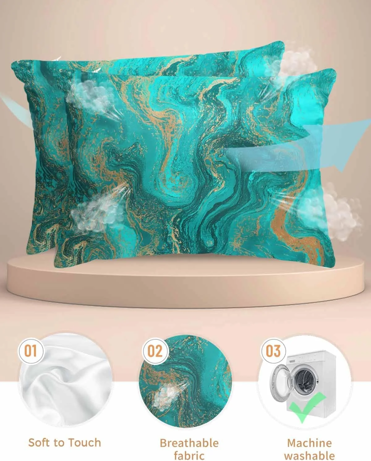 روبالشی ساتن آبی انتزاعی برای مو و پوست، بافت مرمر طلایی و سبز، بسته 2 عددی روبالشی با زیپ، بسیار نرم و خنک شبیه به روکش های ابریشمی، 50x90 سانتی متر