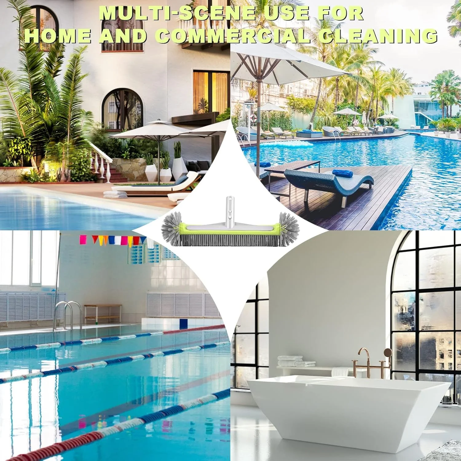 برس استخر، سر برس استخر لبه منحنی جداشدنی برای دیوار و کاشی استخر، سر برس استخر با انتهای گرد به همراه دسته آلومینیومی محکم، کاشی و کف، موهای نایلونی ممتاز با گیره های EZ، 17.5 اینچ