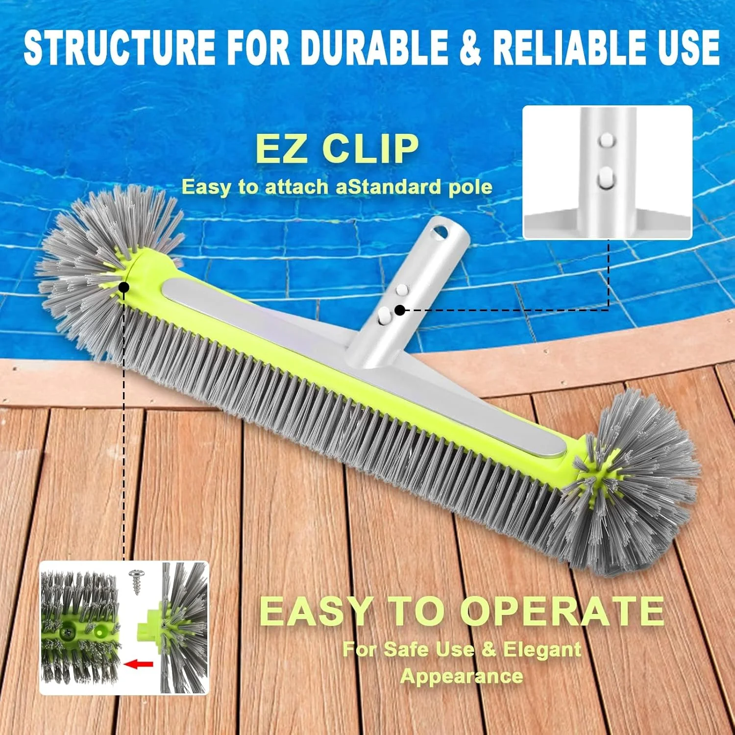 برس استخر، سر برس استخر لبه منحنی جداشدنی برای دیوار و کاشی استخر، سر برس استخر با انتهای گرد به همراه دسته آلومینیومی محکم، کاشی و کف، موهای نایلونی ممتاز با گیره های EZ، 17.5 اینچ