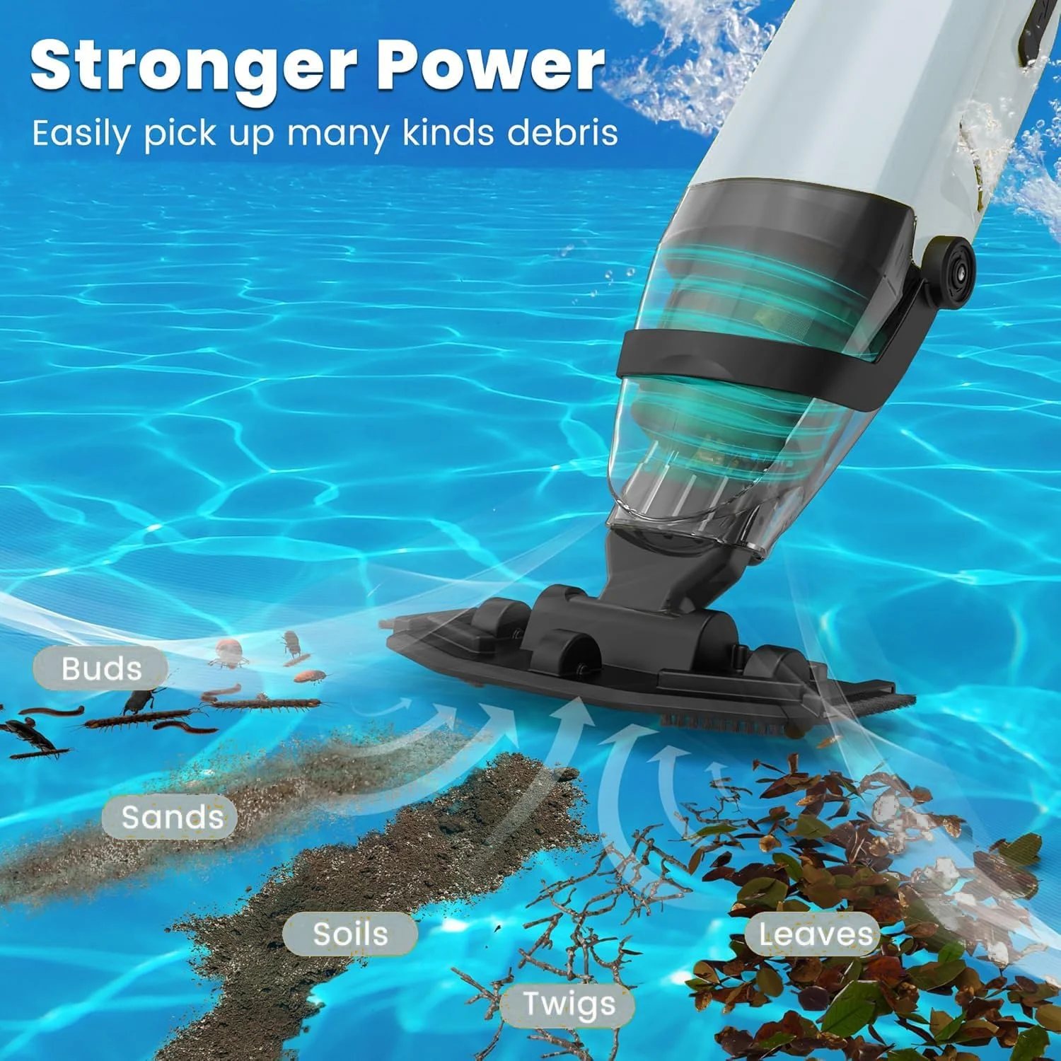 جاروبرقی استخری شارژی بدون سیم برای استخرهای رو باز و توکار - 90 دقیقه زمان کارکرد، به همراه میله تلسکوپی 69 اینچی، جاروبرقی اسپا برای وان آب گرم - شارژ سریع 3 ساعته (خاکستری)