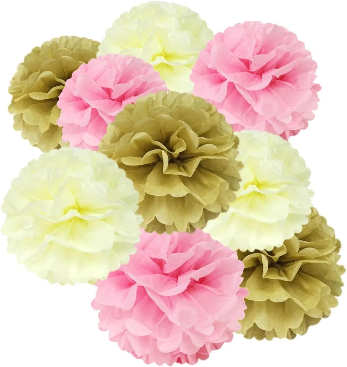 مجموعه 18 عددی پوم پوم کاغذی Wrapables برای عروسی، جشن تولد، جشن سیسمونی و تزئین اتاق کودک، صورتی/کرم/قهوه ای روشن