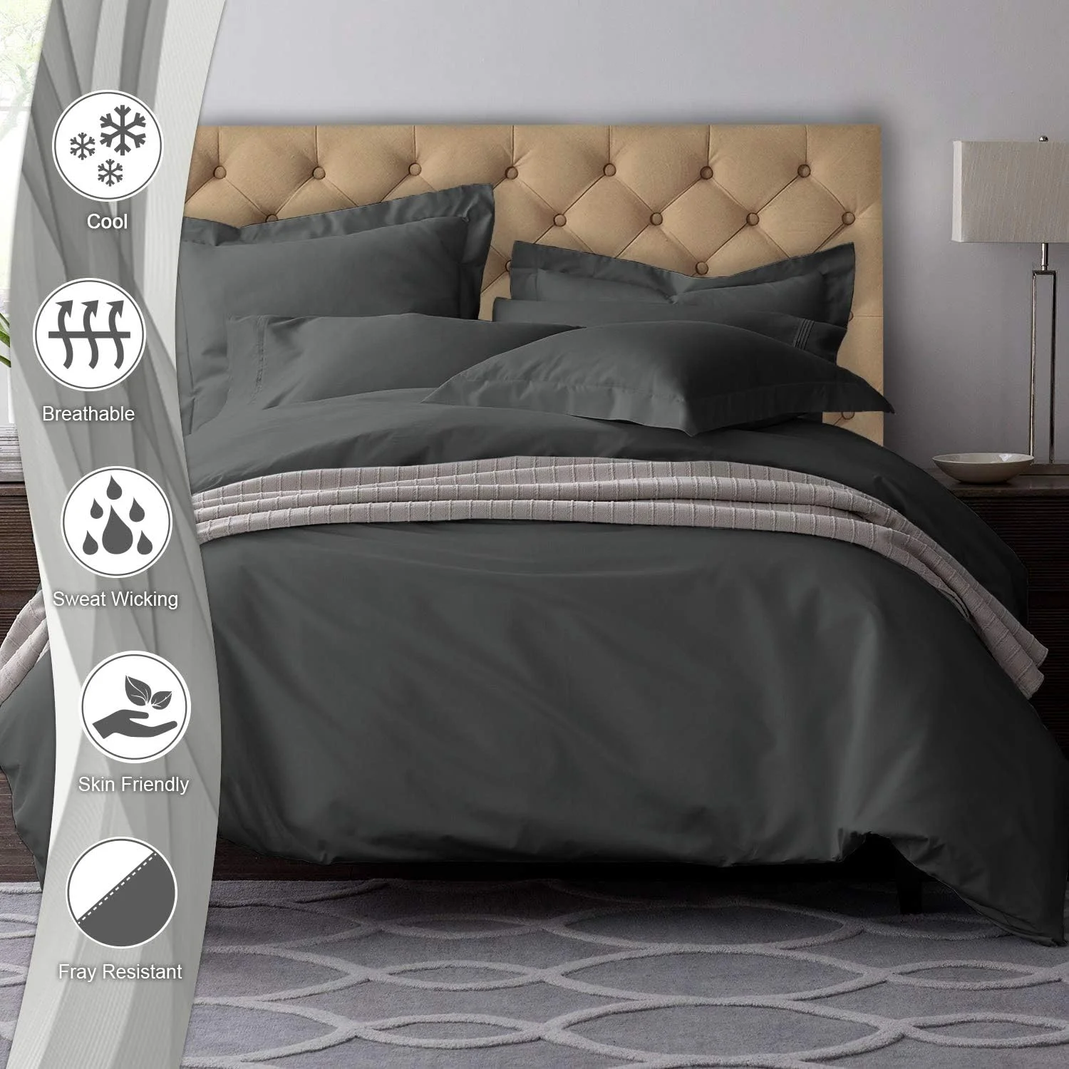 ست کاور لحاف دونفره کینگ سایز Pizuna از جنس پنبه نرم و لطیف، 220x240 سانتی متر، خاکستری تیره، با تراکم بافت 600، نرم و خنک، 100% پنبه با الیاف بلند، بافت ساتن، به همراه 2 روبالشی (ست روتختی پنبه ای) ست کاور لحاف دونفره کینگ سایز Pizuna از جنس پنبه نرم و لطیف، 220x240 سانتی متر، خاکستری تیره، با تراکم بافت 600، نرم و خنک، 100% پنبه با الیاف بلند، بافت ساتن، به همراه 2 روبالشی (ست روتختی پنبه ای)