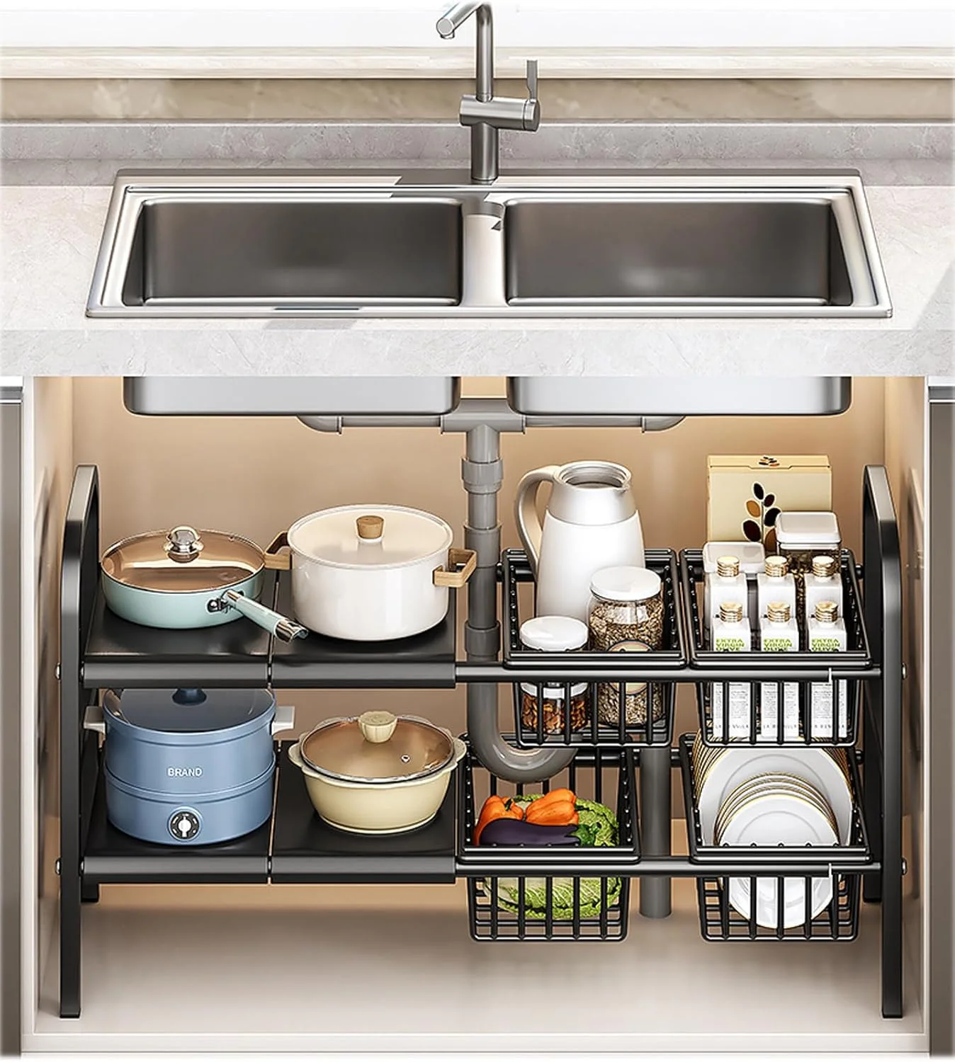 ارگانایزر زیر سینک U-HOOME، ارگانایزر قفسه کابینت 2 طبقه قابل گسترش، قفسه ذخیره سازی زیر سینک با 5 پنل و 5 سبد قابل جابجایی برای آشپزخانه حمام، روی میز (مشکی (4P+4B))