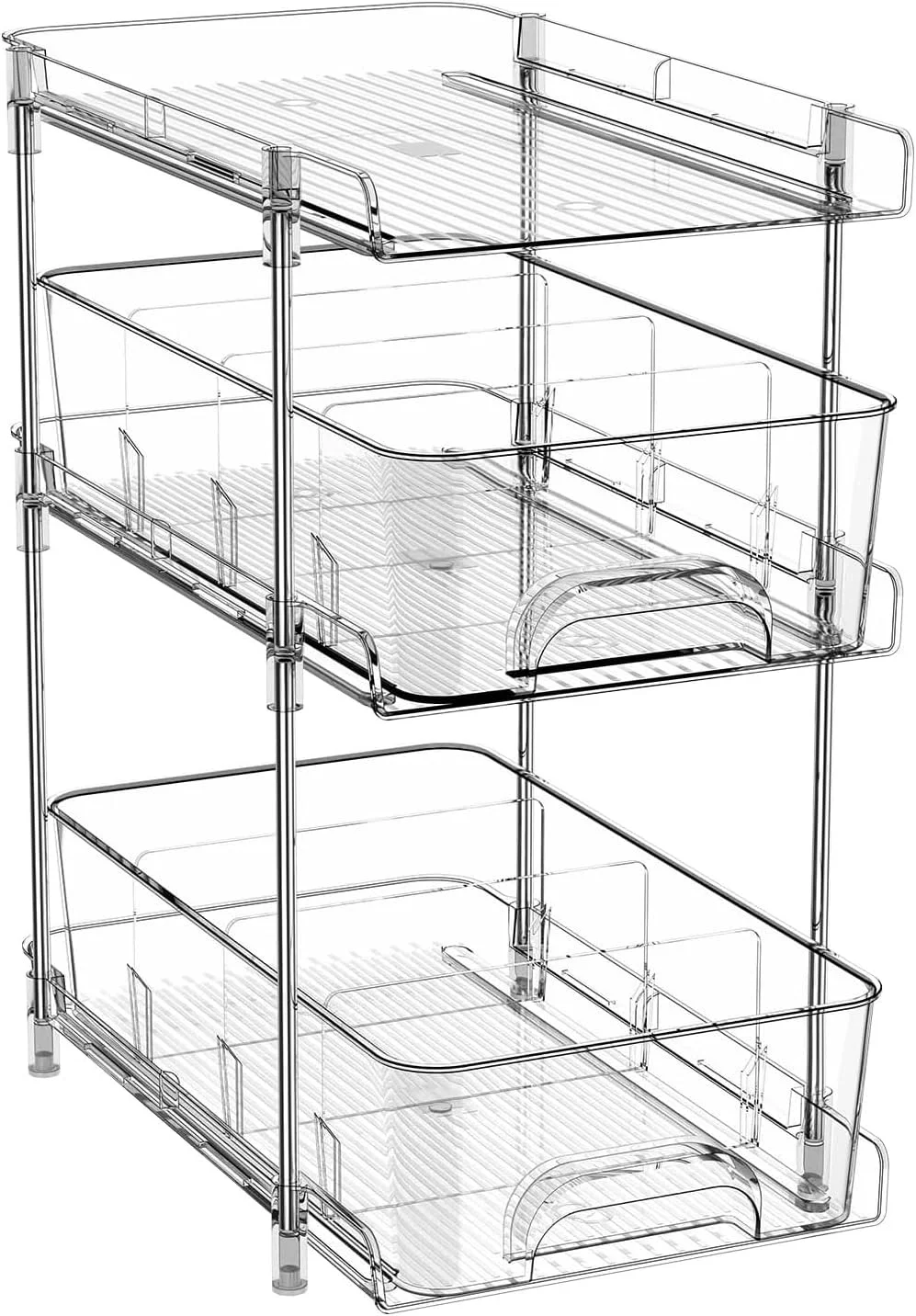 سازمان دهنده و نگهدارنده زیر سینک حمام 3 طبقه U-HOOME، سازمان دهنده و نگهدارنده چند منظوره پنتری قابل انباشت، سازمان دهنده کابینت آشپزخانه و حمام شفاف کشویی با جداکننده های متحرک (گزینه 2)